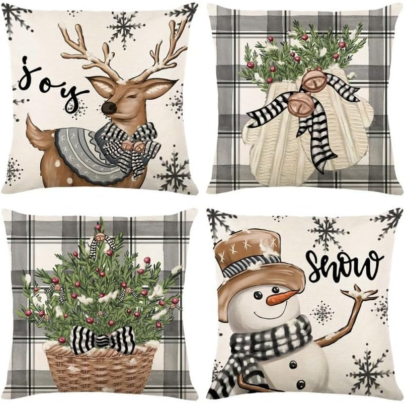 AUMA Christmas Snowman Reindeer Gloves Eucalyptus Throw Pillow Covers, 18 X 18 Inch Winter Holiday Stripes Cushion Case Decoration for Sofa Couch Set of 4