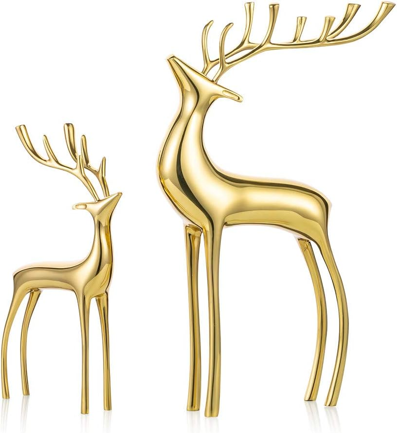 Sziqiqi Reindeer Figurine Statues Deluxe Set of 2, Christmas Deer Pure Copper Heavy Reindeer Ornaments for Home Decor Accents Living Room Office Bookself Tabletop Mantle Christmas Decoration, Gold