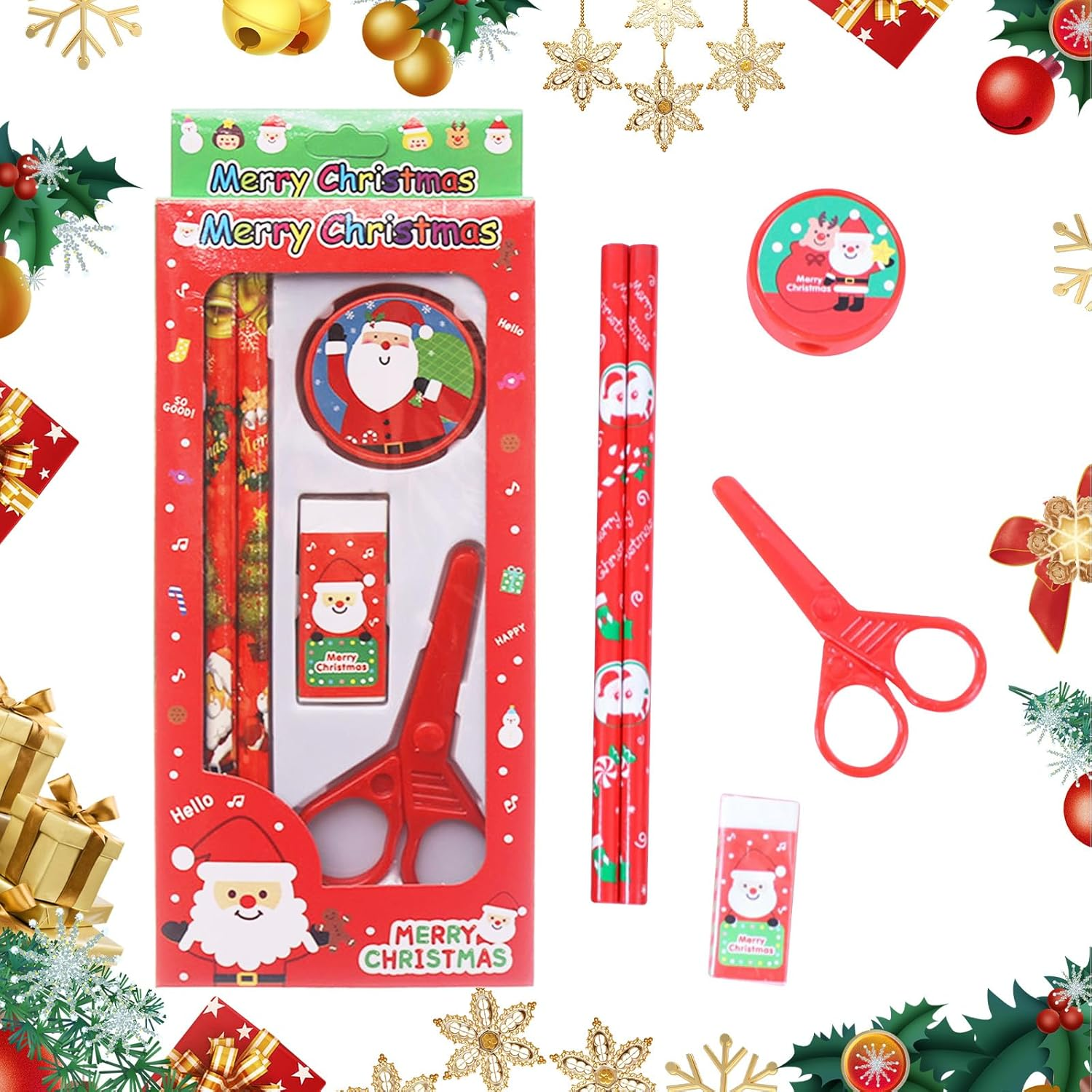 LEBKFT Christmas Stationery Set Pencil Eraser Pencil Sharpener Papercutting Art Scissors Xmas School Supply Santa Claus Stationery Present for Girls and Boys