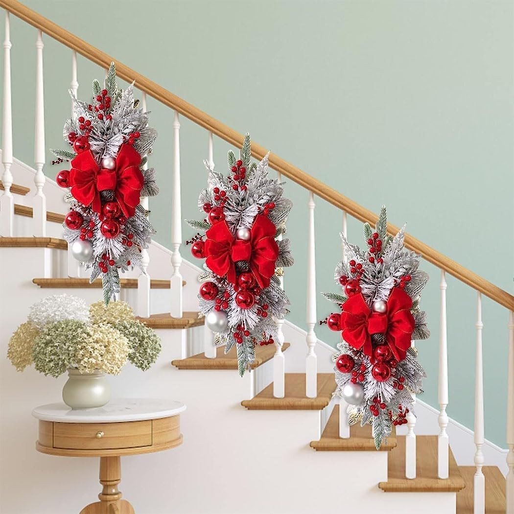 Idopick Cordless Pre-Lighting Stair Decoration, Christmas Wreath for Indoor Outdoor Home Christmas Front Door Holiday Wall Window Ornament