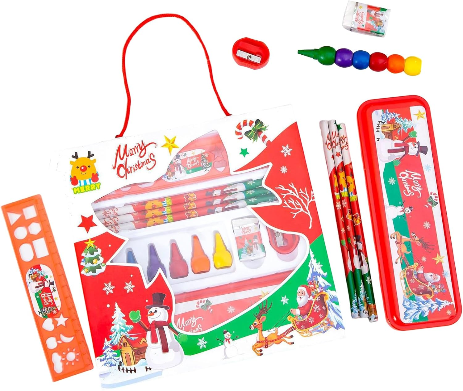 LEBKFT Christmas Stationery Set Pencil Eraser Pencil Sharpener Crayon Xmas School Supply Santa Claus Stationery Present for Girls and Boys