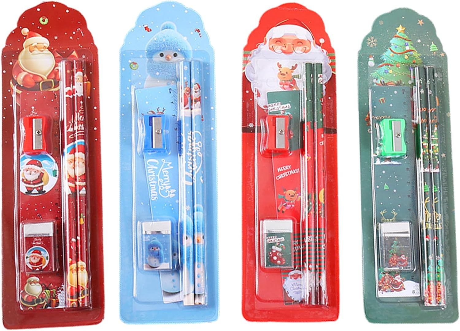 4 Set Christmas Stationery Set,School Stationery Set,Stationery Gift Set,Include 2Pcs Pencil,Rulers,Eraser,Pencil Sharpener,Xmas Lovely Festive Office Supplies,Stationery Sets for Girls and Boys