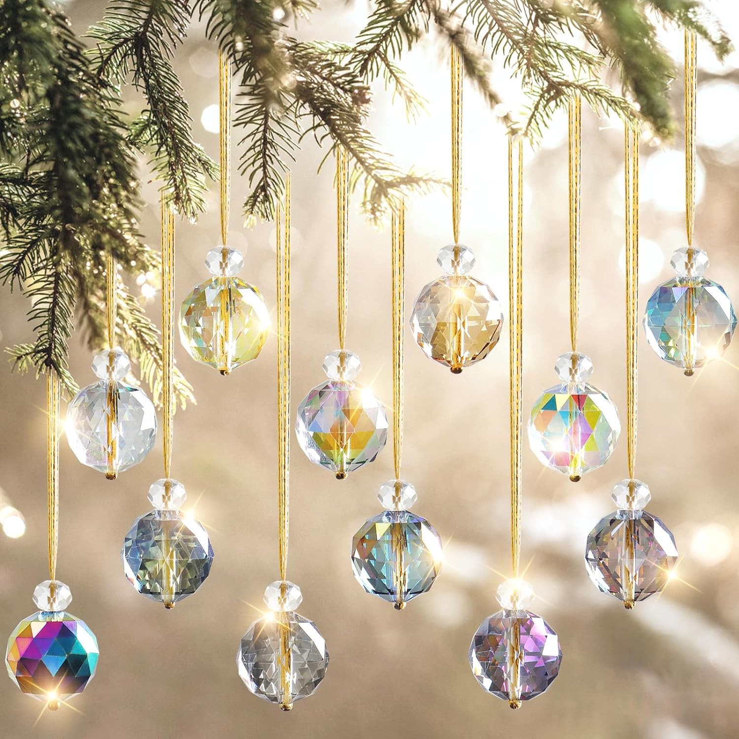 ASTNIC 12 Pcs Multicolored Crystal Christmas Ball Ornaments 0.98 Inch Iridescent Glass Christmas Ornaments Vintage Prism Ball Xmas Tree Decorations Wedding Party Home Christmas Decor