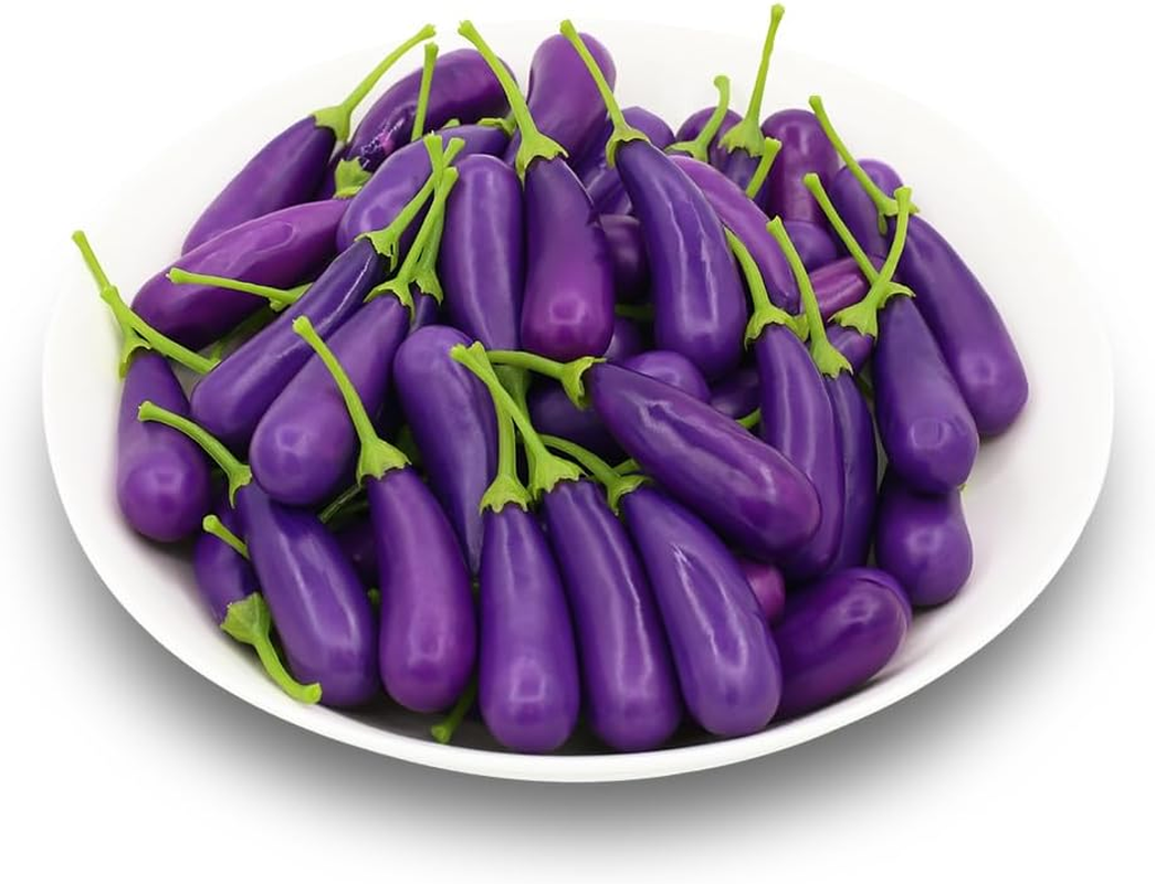 60 PCS Fake Eggplant Mini Simulation Plastic Foam Artificial Vegetable Lifelike Eggplant Model Christmas Home Decor Realistic Eggplant Photography Props Decorations Party Holiday