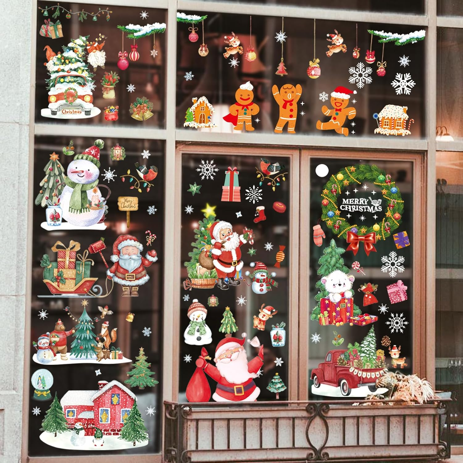 ZCOINS 12 Sheet Christmas Window Clings Garland Decoration Stickers for Glass, PVC Static Double Sided Window Clings Gingerbread Xmas Decals for Home Office Party, Christmas Gnome Village Stickers