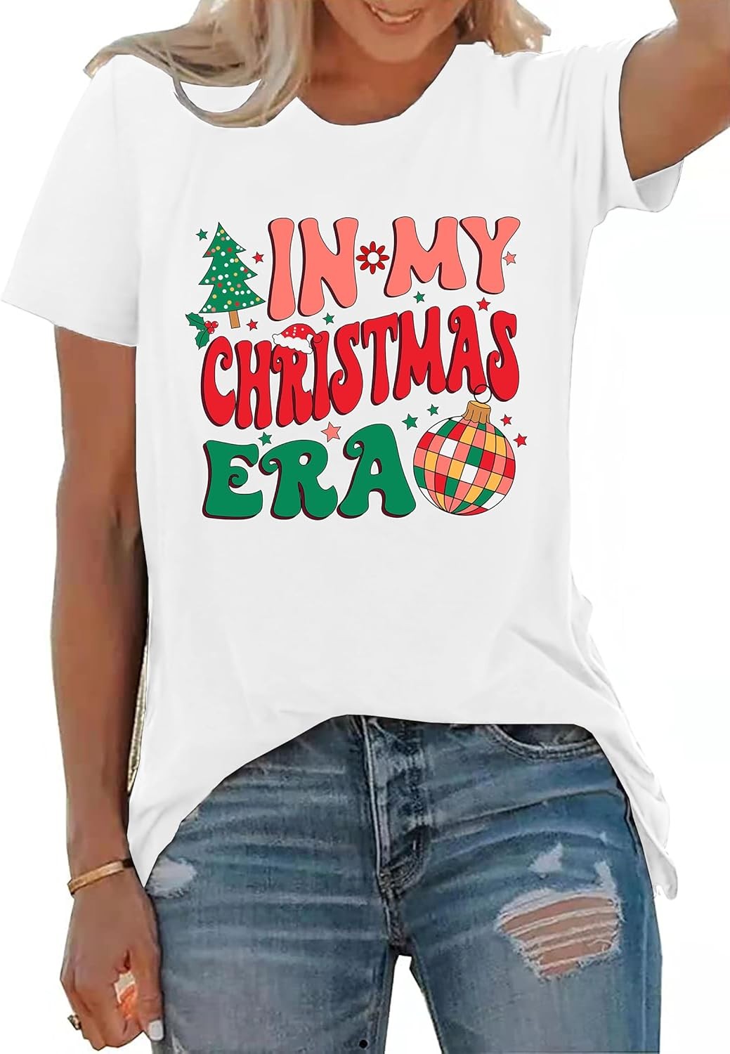 PECHAR Christmas Shirts for Women: in My Christmas Era T-Shirt Graphics Funny Xmas Holiday Short Sleeve Blouse Tees