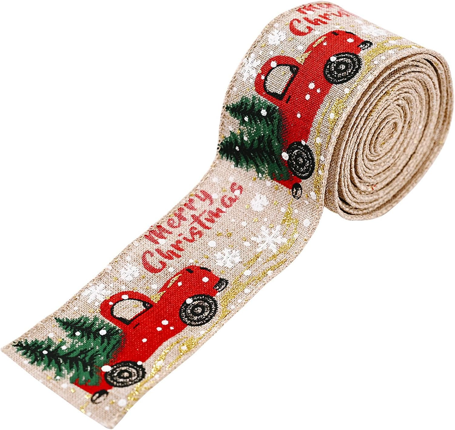 Christmas Wired Ribbon – 5M/16.4FT Christmas Burlap Ribbons, 2″ Wide Inch Glitter “Merry Christmas” Printed Ribbon for Christmas Tree Decor, Home Decor, DIY Crafts,5.47 Yards,Gold