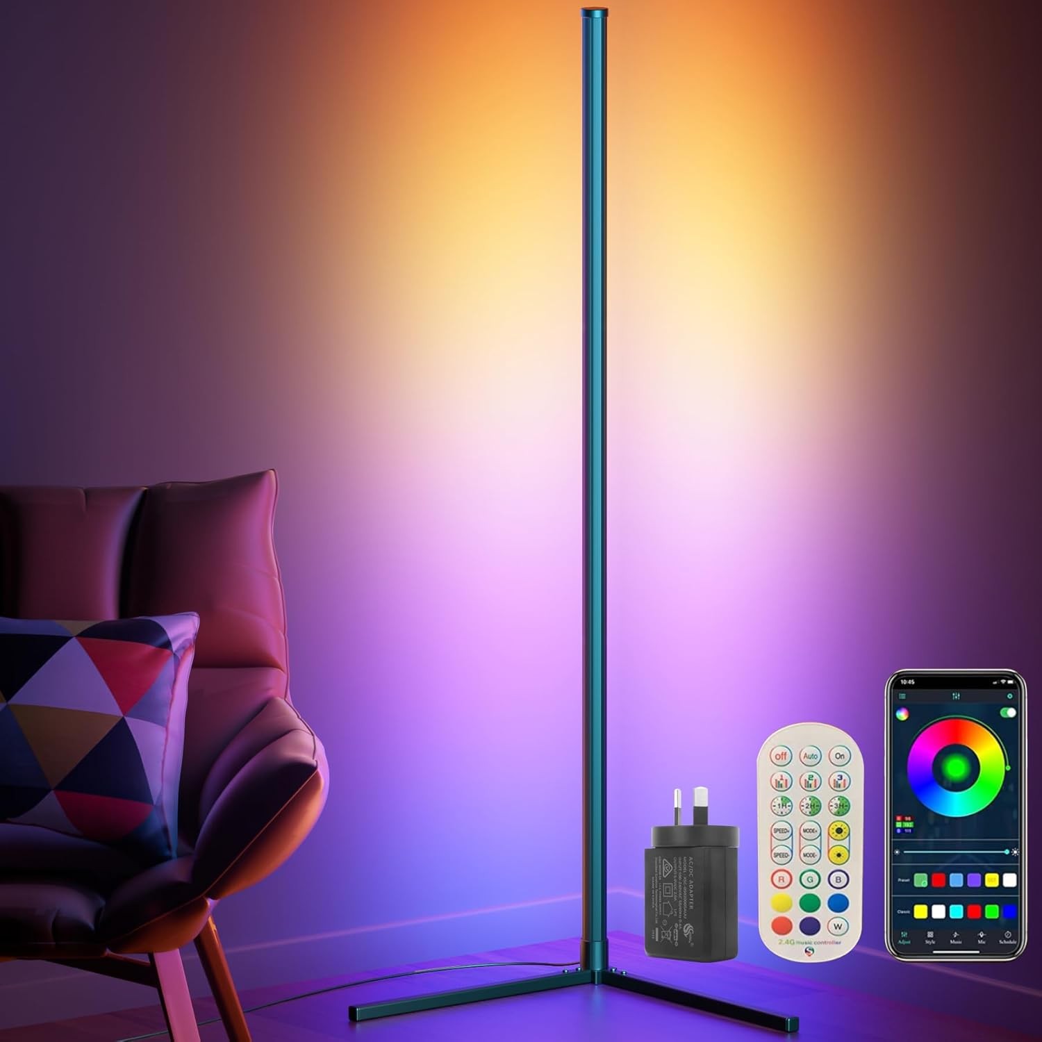 TONGLIN Corner Floor Lamp, 165Cm LED Floor Lamp RGB Dimmable Colour Changing, DIY Mode Floor Lamp with App/Remote Control/Music Sync, USB Mood Lighting with AU Adapter for Living Room,Gaming Room