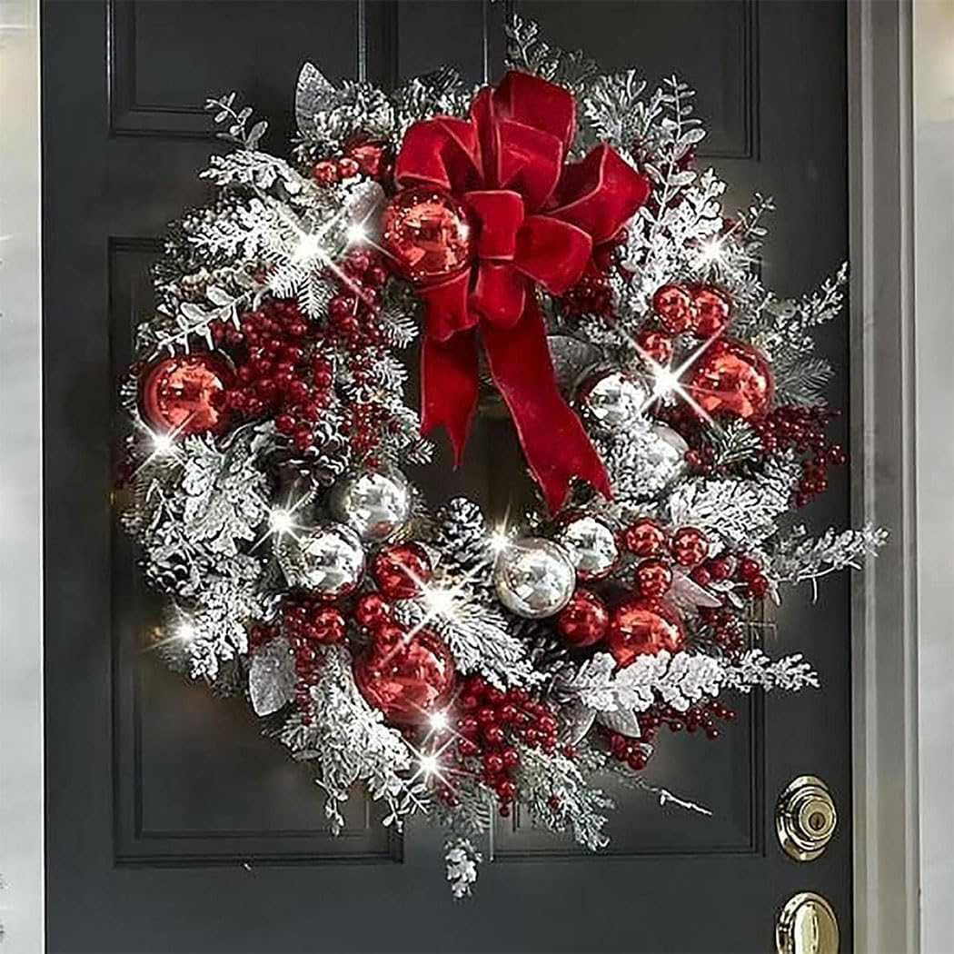 Idopick 13.8″ Christmas Wreath, Artificial Christmas Red and White Holiday Wreath, Front Door Christmas Wreath for Indoor Outdoor Home Office Wall Wedding Holiday Christmas Decor