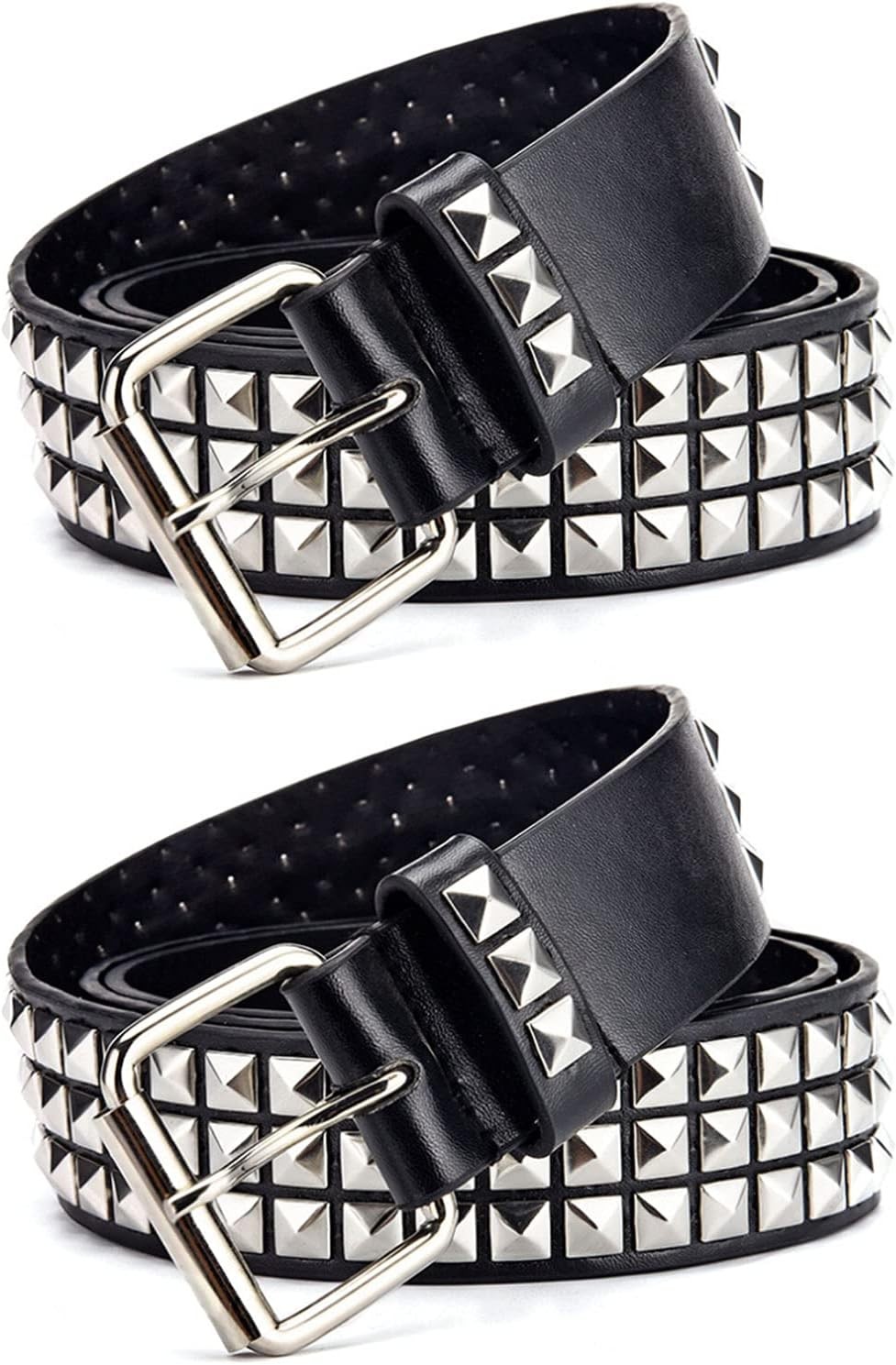 Black Studded Belt Punk Rock Rivet Belt Grommet Threads Belt with Bright Metal Pyramid for Women Men