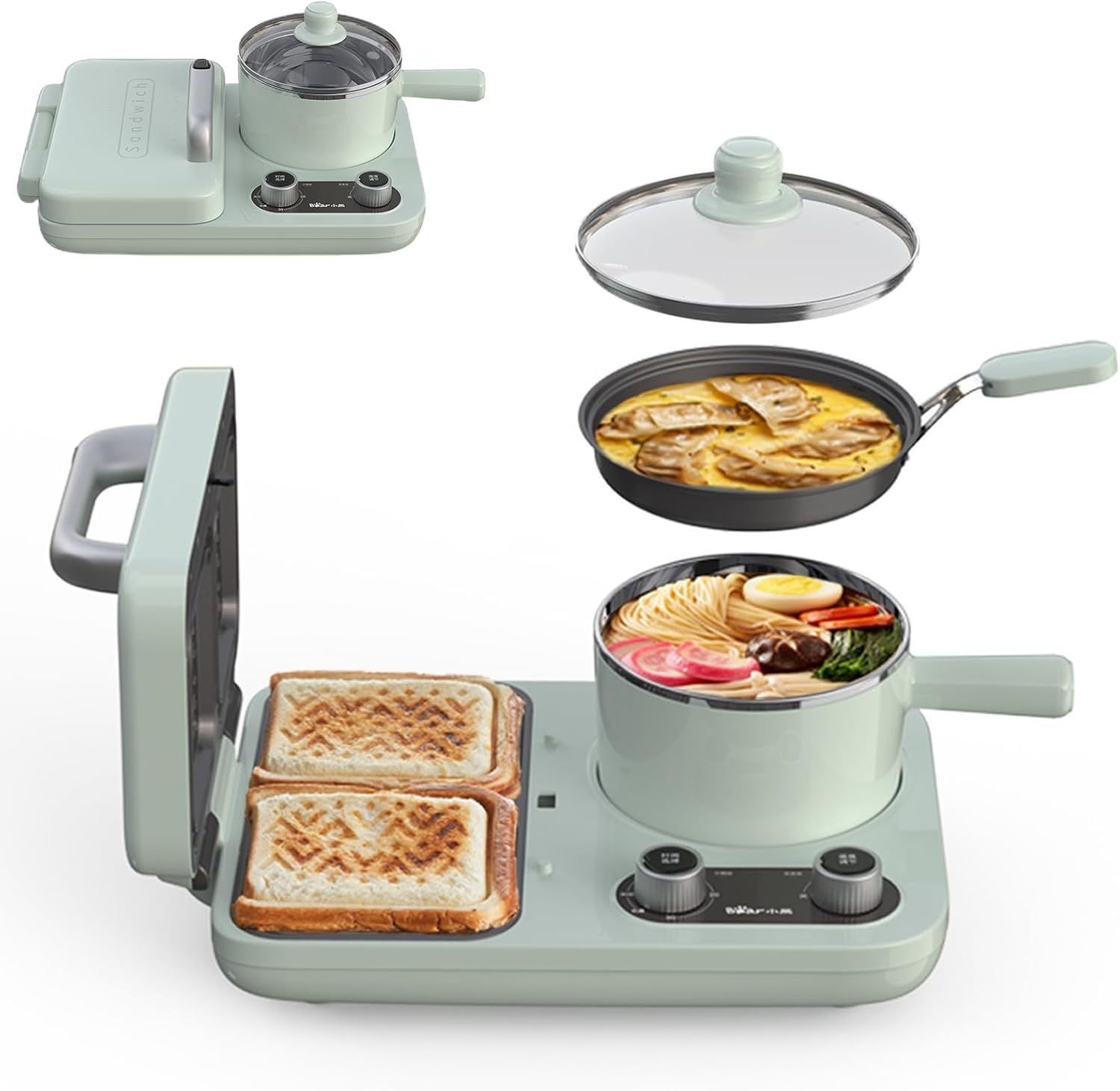 Bear 3-In-1 Breakfast Sandwich Maker, Includes Dual Sandwich Plates, Non-Stick Frying Pan, and 1.3 L Stainless Steel Cooking Pot, Versatile Breakfast Maker with Time & Power Adjustment (Non-Removable)