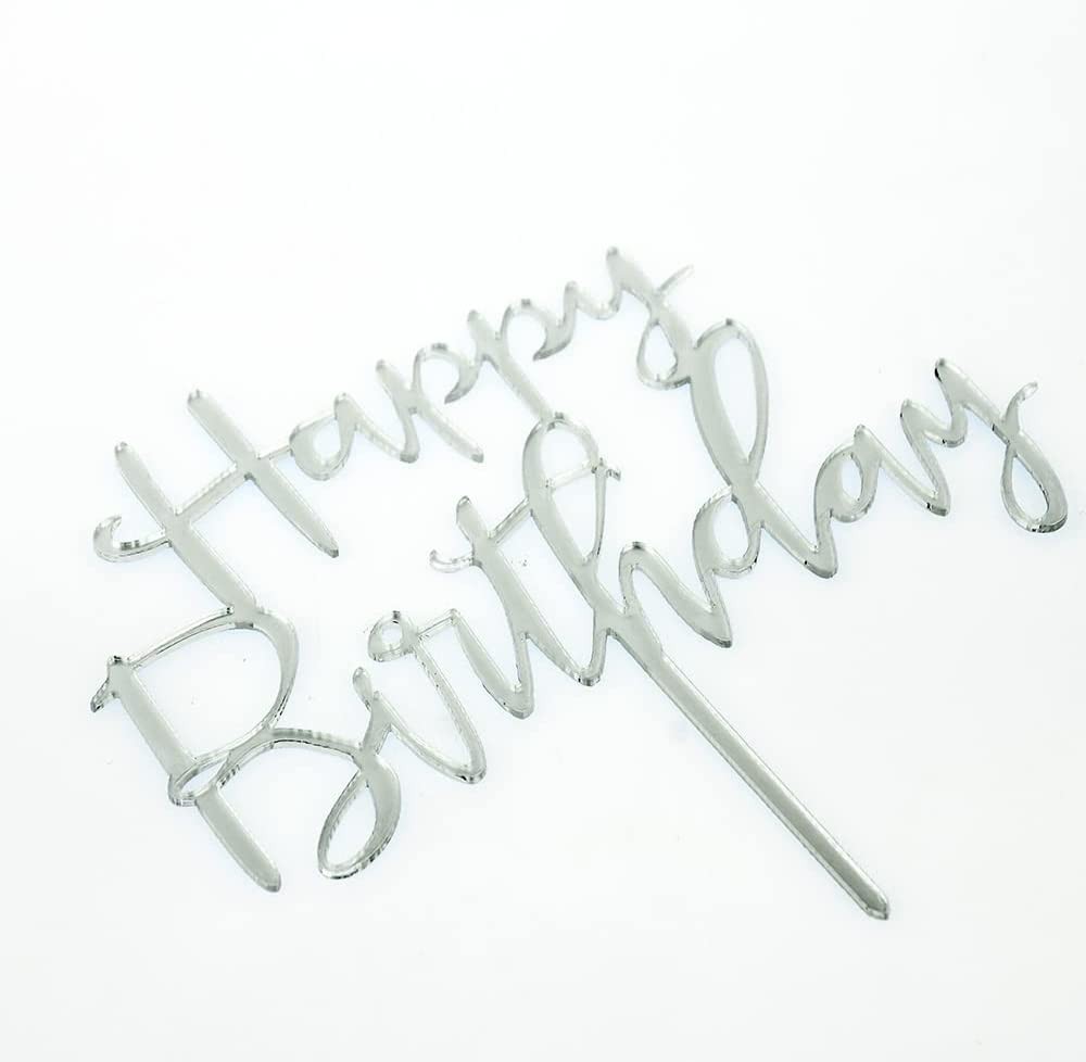 Happy Birthday Cake Topper Acrylic Party Decoration Silver