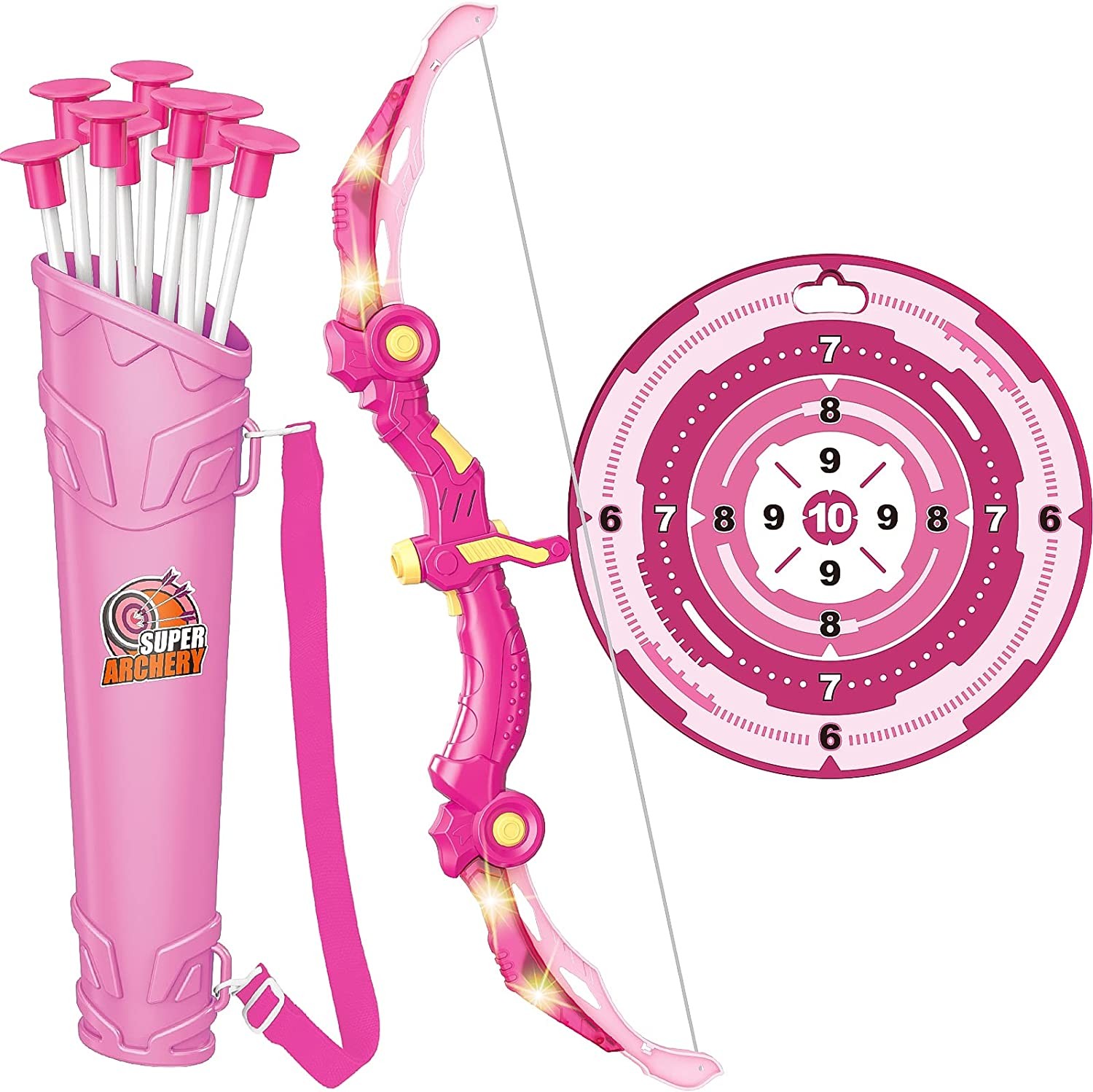 Bow and Arrow Toys with LED Light up Archery, Girls Toys for 5 6 7 8 9 10 11 12 Year Old, Christmas Indoor Outdoor Activity Toy for Kids 6-8, Included 10 Suction Cup Arrows, Target & Quiver