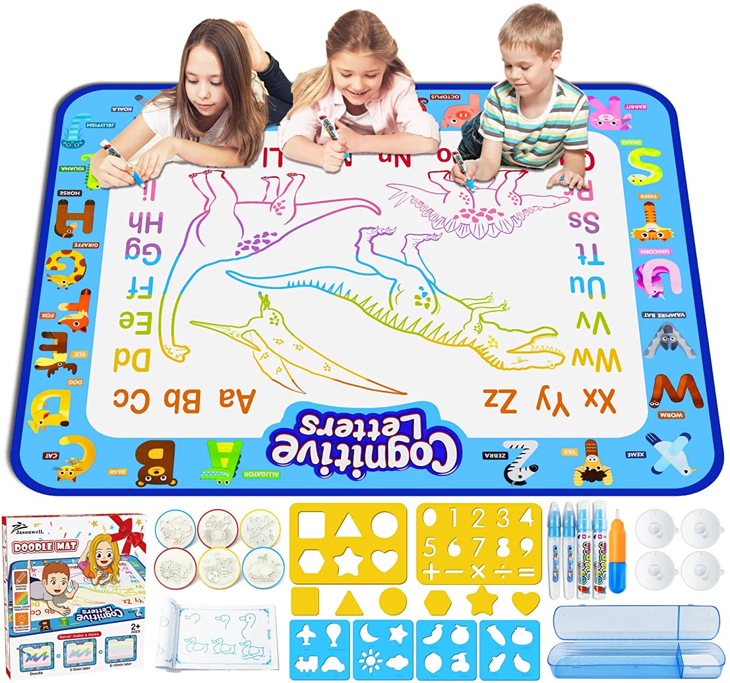 Jasonwell Aqua Magic Water Doodle Mat Large Drawing Coloring Mat Painting Writing Board, Educational Learning Toy Magic PENS Water Painting Activity Gifts for Kids Toddlers Boys Girls Age 2 3 4 5 6 7 8 (40 X 32)