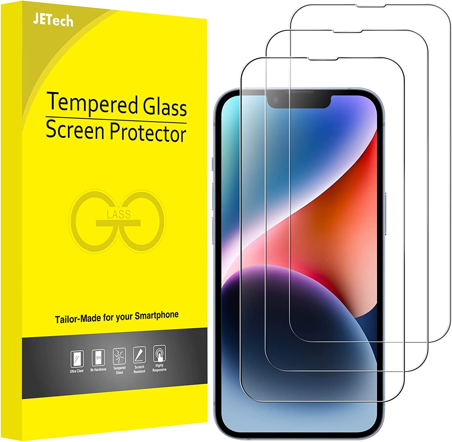 Jetech Full Coverage Screen Protector for Iphone 14 6.1-Inch, 9H Tempered Glass Film Case-Friendly, HD Clear, 3-Pack