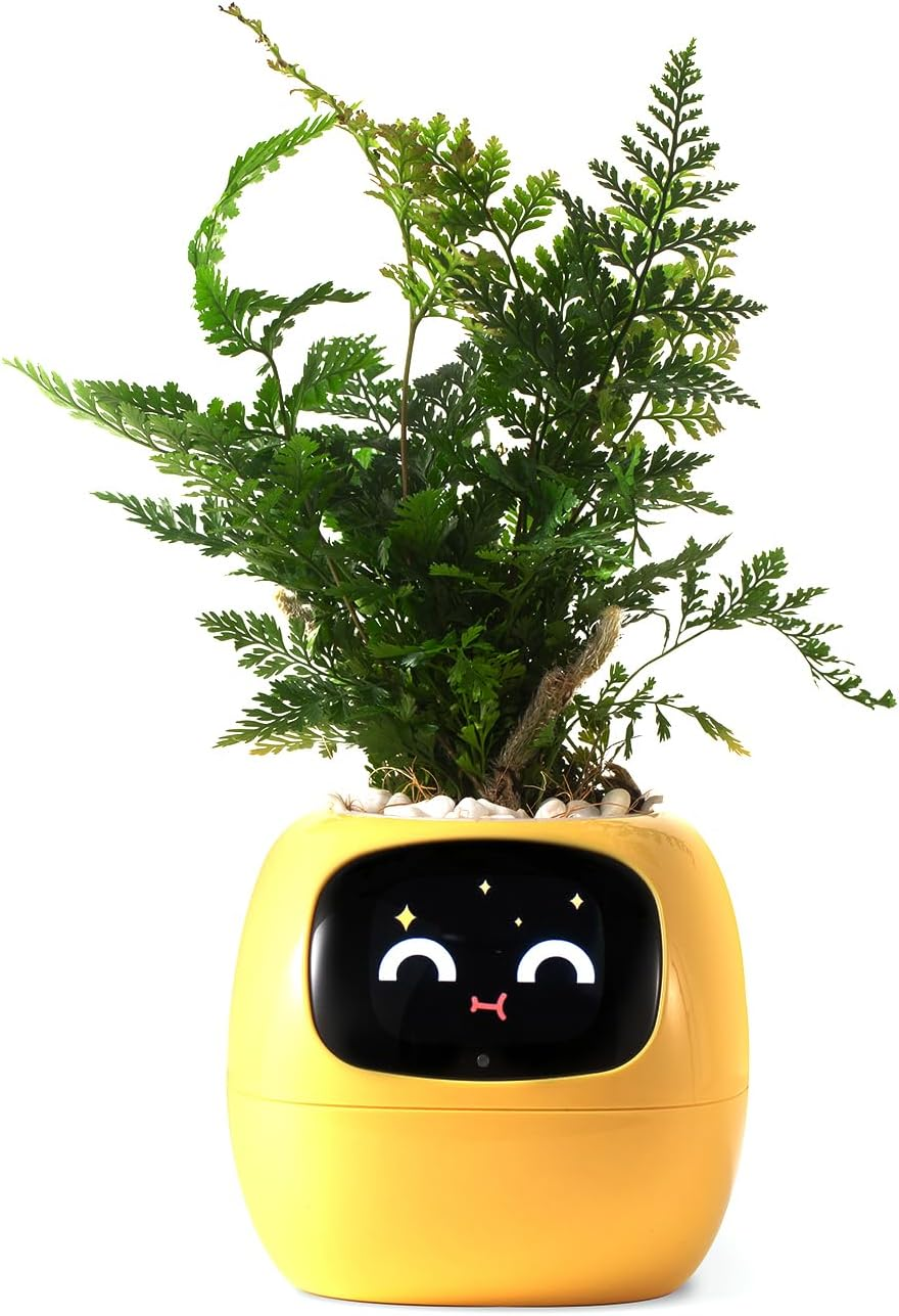 PLANTSIO Smart Pet Planter Robot Guidance on Plant Care with Emojis, Adorable Plant Companion with Rich Gesture Interaction, Neat Desk Setup Gift (Yellow)