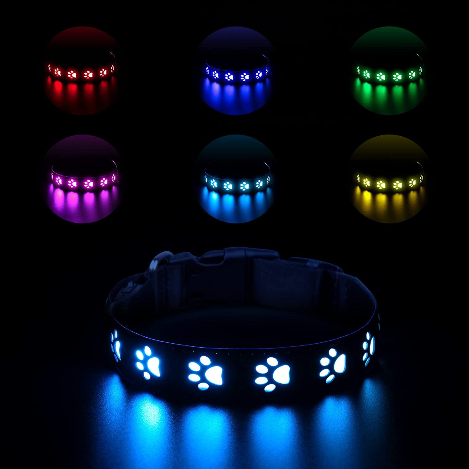 LED Dog Collar USB Rechargeable, 7 Modes Light up Dog Collars Night Safety High Visibility for Night Walking, Adjustable Safety Necklace Dog Collar for Small Medium Large Dog, M