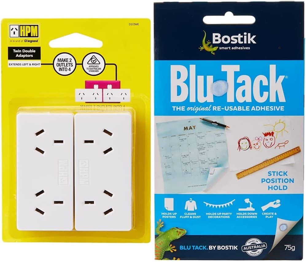 HPM D2/2WE Left and Right Extend 10A 2400W Double Adaptor 2-Pieces, White & Bostik Blu Tack 75 G, 1 Pack, Blue/Gray