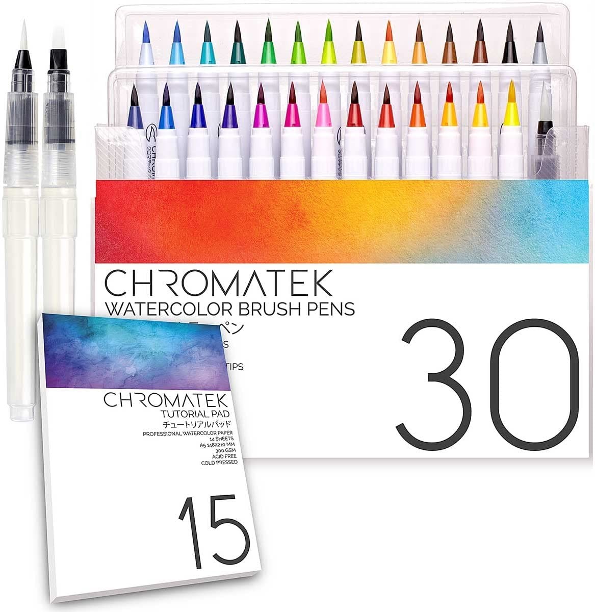 30 Watercolor Brush Pens, 15 Page Tutorial Pad and Online Video Series by Chromatek. Real Brush Tip. Vivid. Blendable. Professional Artist Quality. 27 Colors 3 Blending Water Brush Pens.