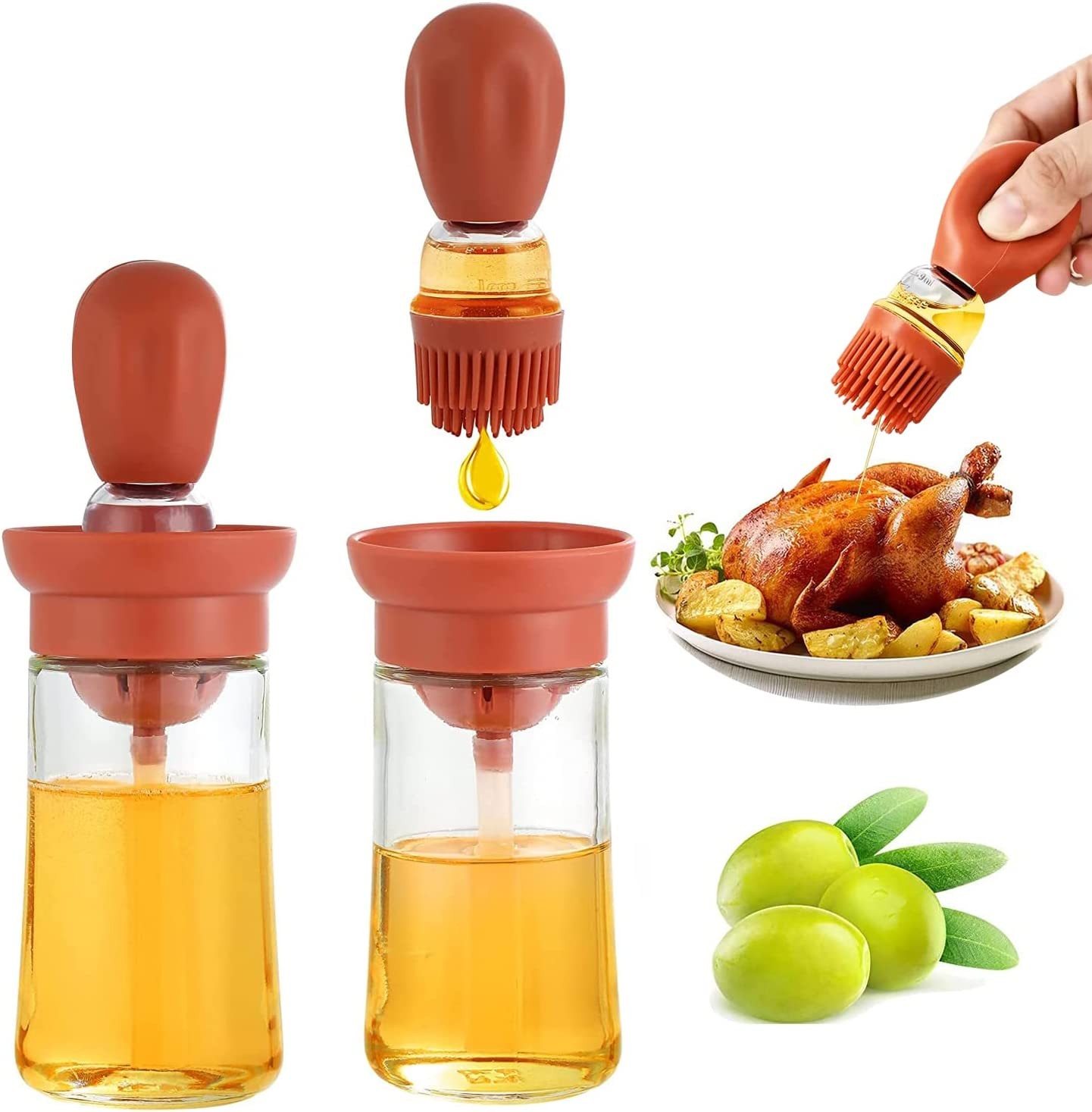 Hapoyxm Glass Olive Oil Dispenser Bottle with Silicone Oil Brush 2 in 1, Silicone Dropper Measuring Oil Dispenser Bottle for Kitchen Cooking, Frying, Baking, BBQ Pancake, Air Fryer, Marinating (Red)