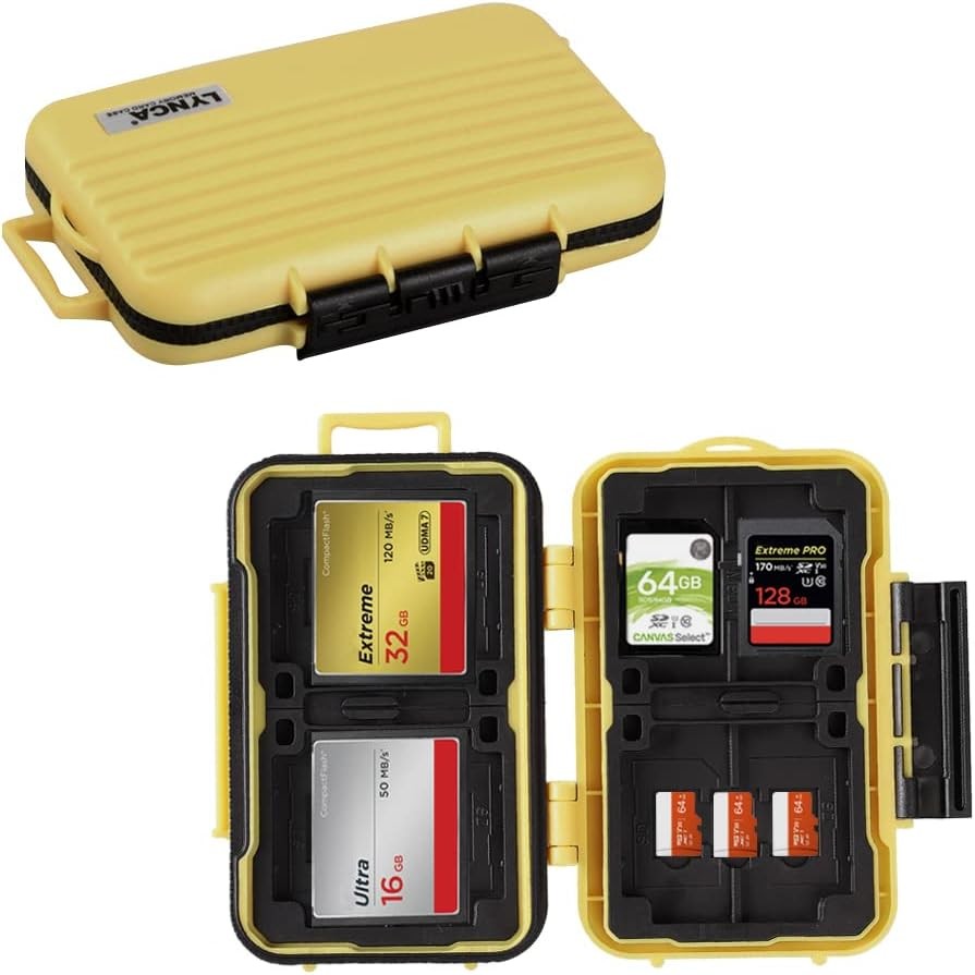 24 Slots Memory Card Case Water-Resistant & Anti-Shock Memory Card Holder for 8 SD SDXC SDHC Cards 4 CF Cards 12 Micro SD SDXC SDHC TF Cards (Yellow)