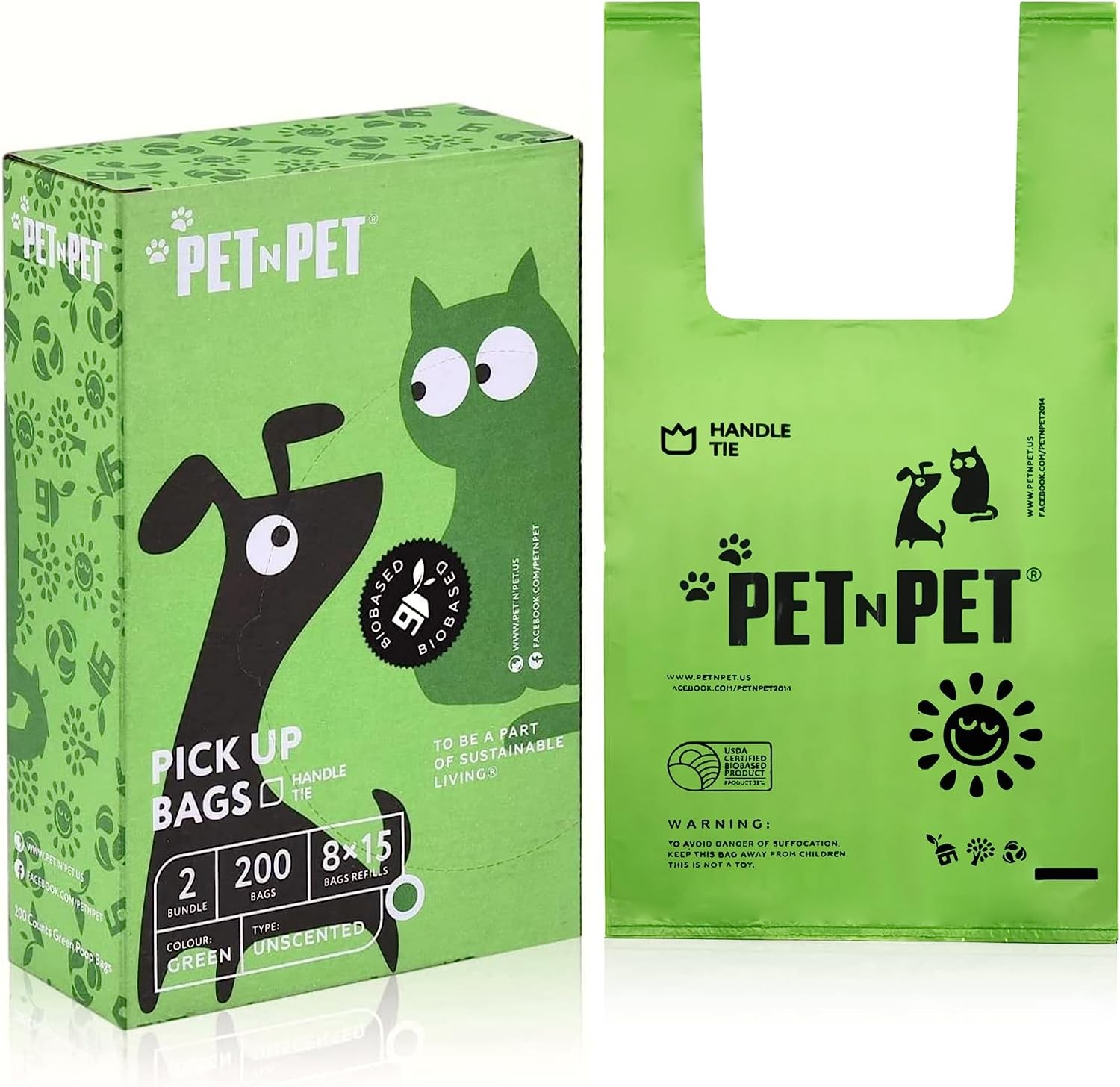 PET N PET Dog Poop Bags, 200 Counts USDA Certified 38% Biobased Dog Poo Bags with Tie Handles Green Unscented Dog Waste Bags, Strong Thick Cat Poop Bags, Easy Pickup Dog Bags for Poop – 8X15 Inches