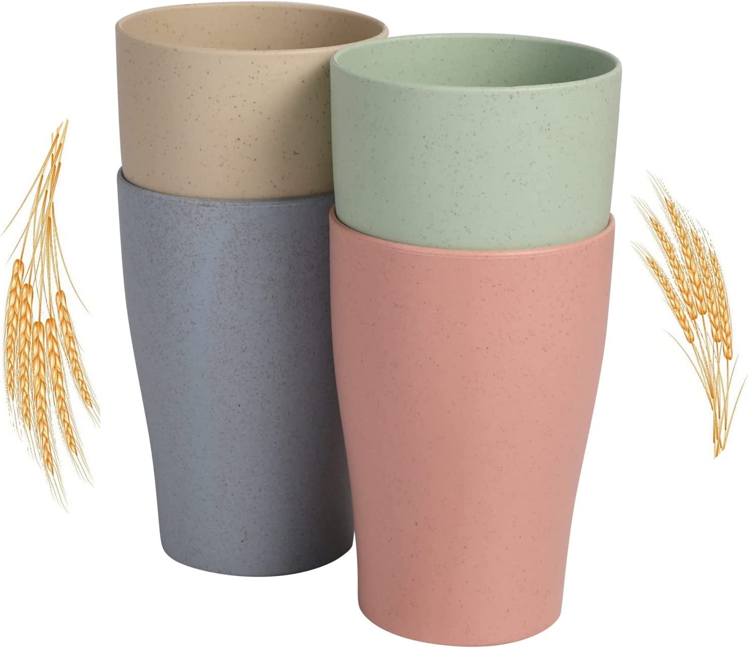 WANBY Wheat Straw Cup 4 Pcs Unbreakable and Reusable Drinking Cups Eco-Friendly Healthy Tumbler Set for Milk Juice and Water Dishwasher Safe (4 Pcs 15 Oz)