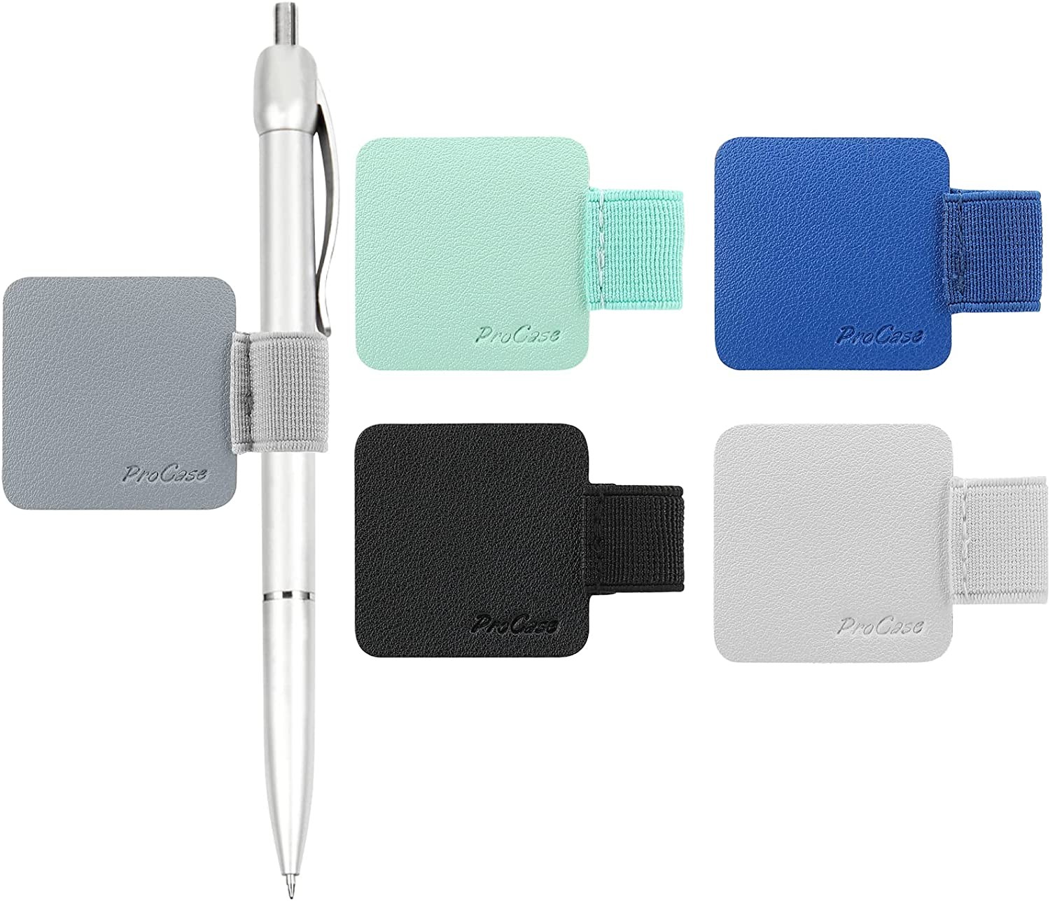 Procase 5 Pack Pen Loop Holder, Self-Adhesive Leather Pencil Holder for Notebooks Journals Calendars Planners with Durable Elastic Loop -Mint/White/Navy/Grey/Black