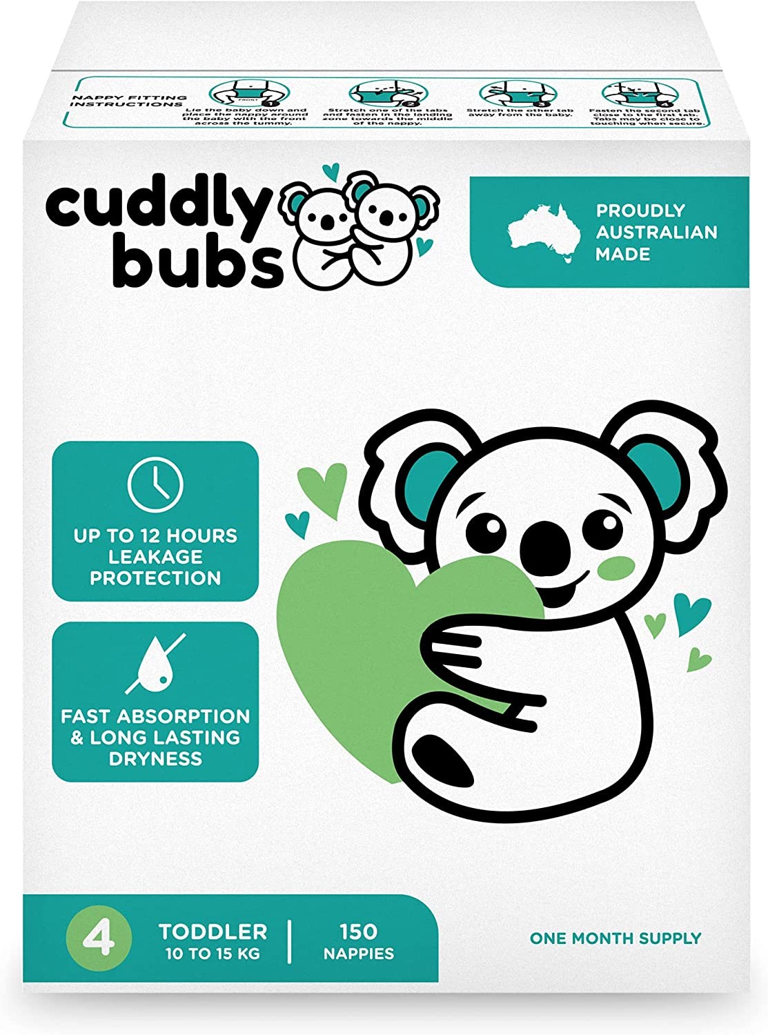 Cuddly Bubs, Size 4 Toddler Nappies (Up to 10-15Kg), 150 Nappies, One Month Supply