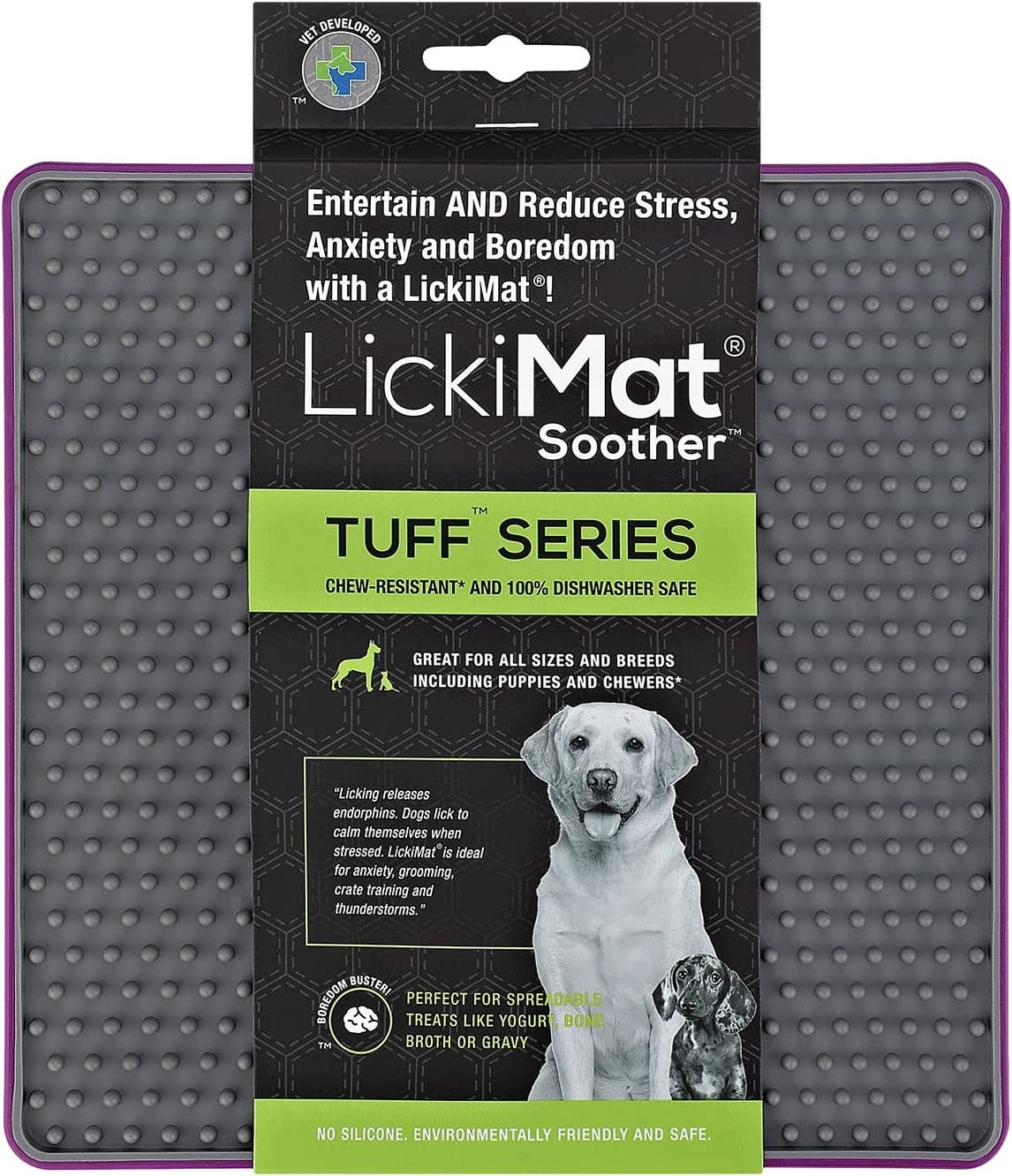 Lickimat TUFF Soother Dog Lick Mat, Dog Calmer, Slow Feeder, Anxiety Reliever and Alternative to Puzzle Toys and Slow Feeder Bowls. Perfect for Peanut Butter, Healthy Treats, Wet Food and Raw Food. Non-Skid Base. 100% Dishwasher Safe.