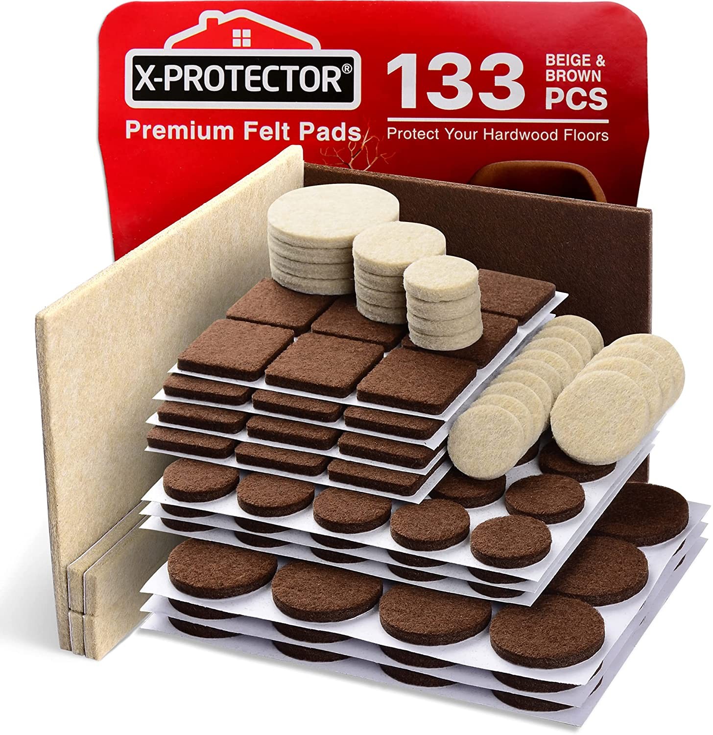 Premium Felt Furniture Pads 133 Pieces 2 Colors Pack X-Protector – Felt Pads for Furniture Feet 106 Brown & 27 Beige – the Best Wood Floor Protectors. Protect Your Hardwood & Laminate Flooring!