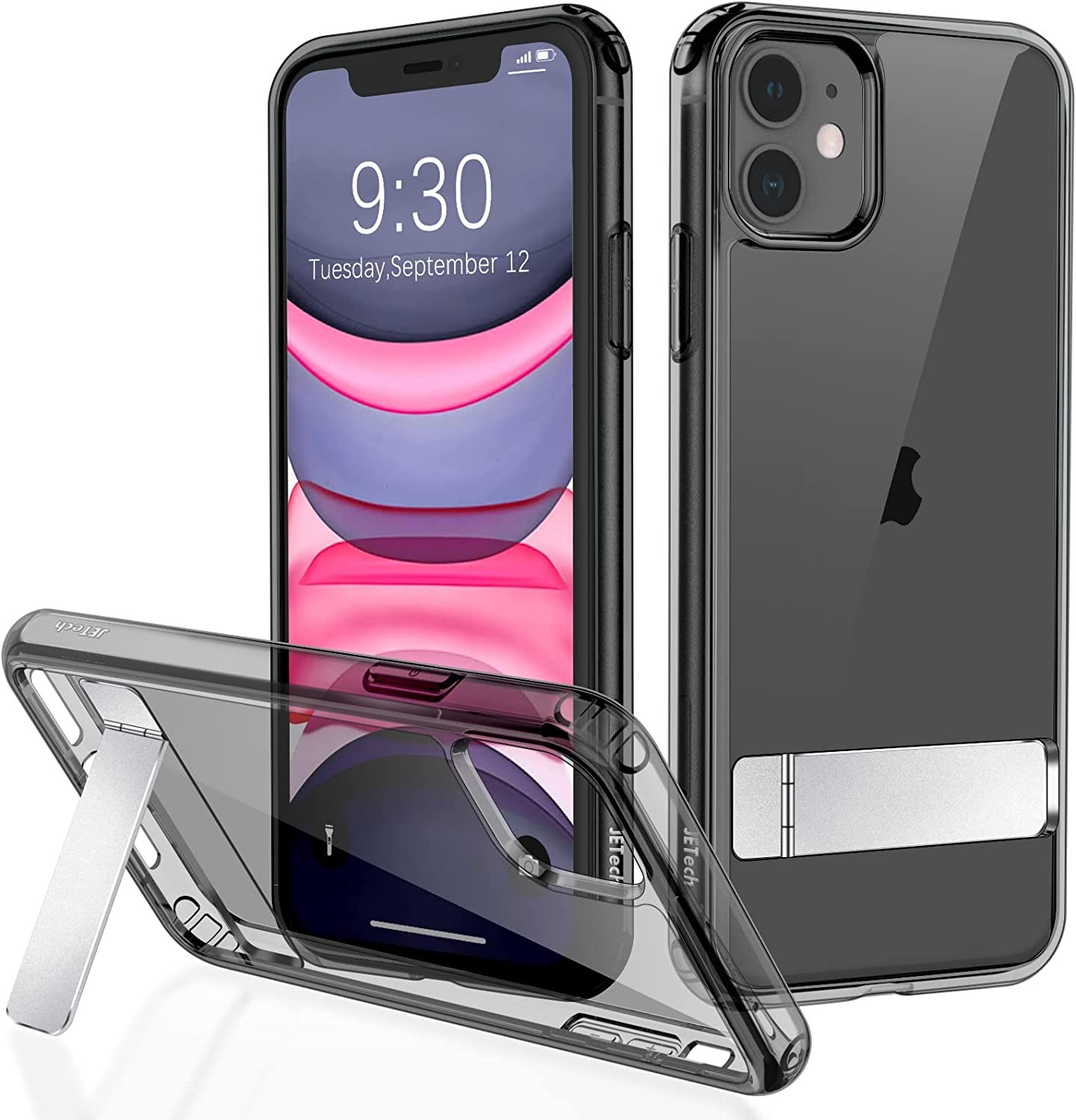 Jetech Case for Iphone 11 6.1-Inch with Stand, Support Wireless Charging, Slim Shockproof Bumper Phone Cover, 3-Way Metal Kickstand (Black)