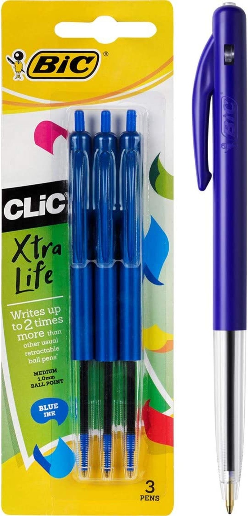 BIC Clic Retractable Ball Pens with Pocket Clip Medium Point (1.0 Mm) – Blue, 3 Count (Pack of 1), 922634