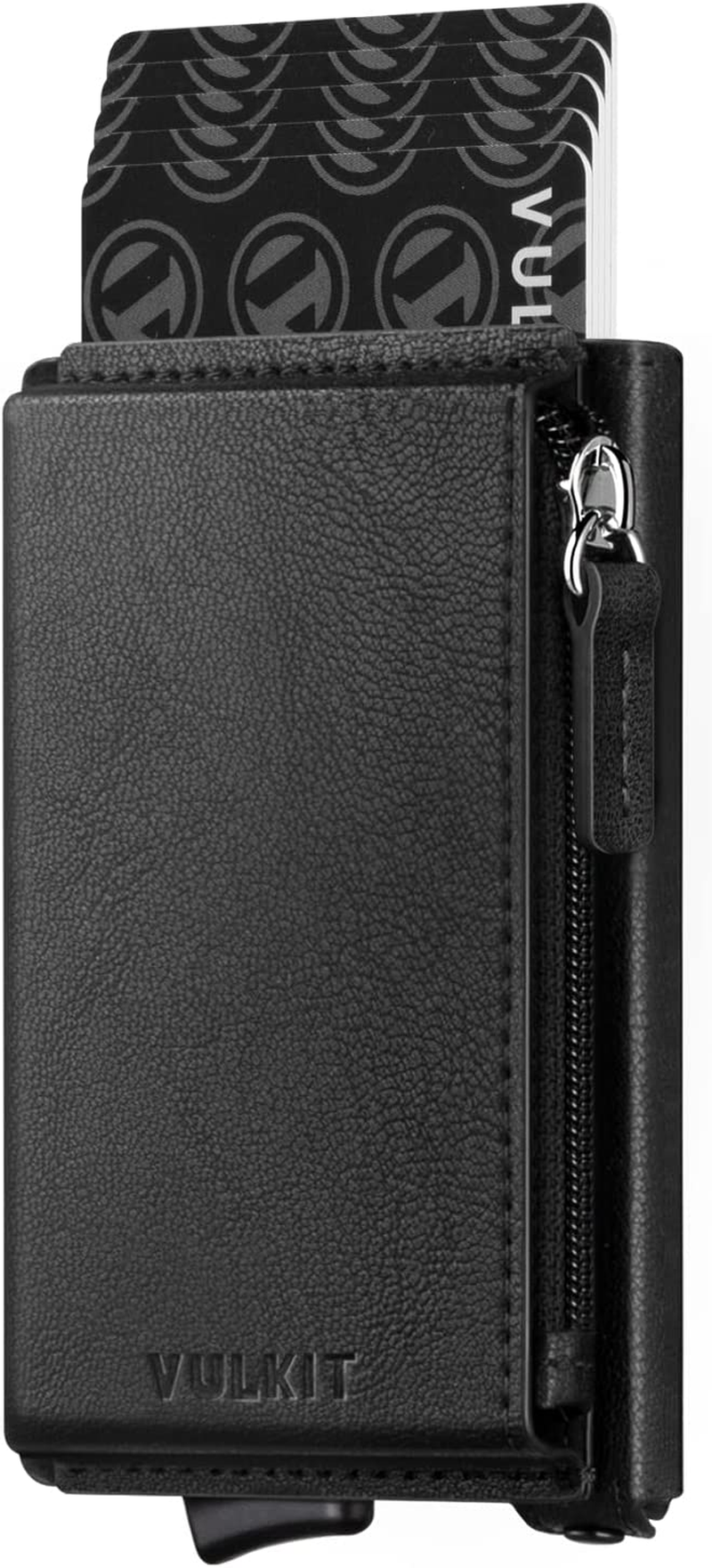 VULKIT Credit Card Holder with Leather Zipper Pocket Pop up Wallet RFID Blocking Slim Metal Card Case for Men or Women(Black)