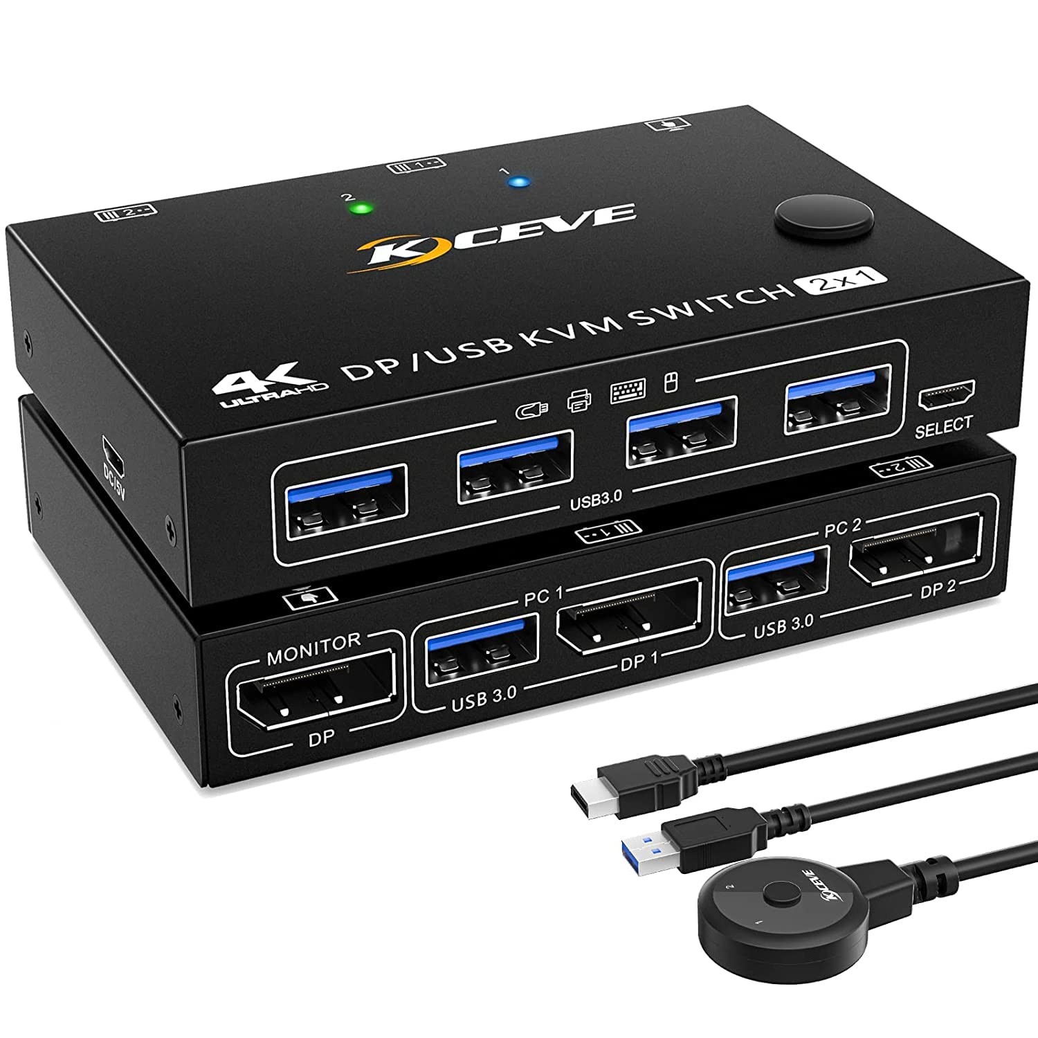 USB 3.0 Displayport KVM Switch 2 in 1 Out, 2 Port DP KVM Switcher Selector Box Support 4K@60Hz for 2 Computers Share 1 Monitor Keyboard and Mouse with Wired Remote Controller