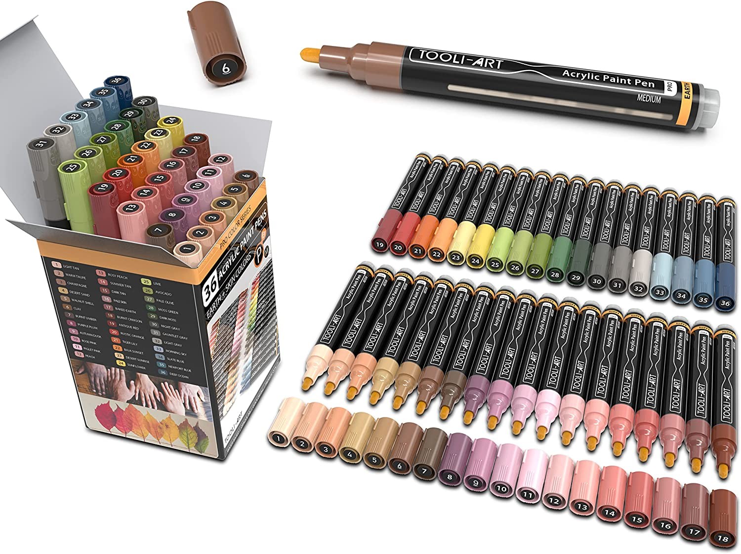 36 Acrylic Paint Pens Skin and Natural Earth Tone Marker Set for Rock Painting, Canvas, Mugs, Glass, Plastic, Wood, Metal, Fabric, Scrapbooking, Most Surfaces. Quick Drying Waterbased (MEDIUM)