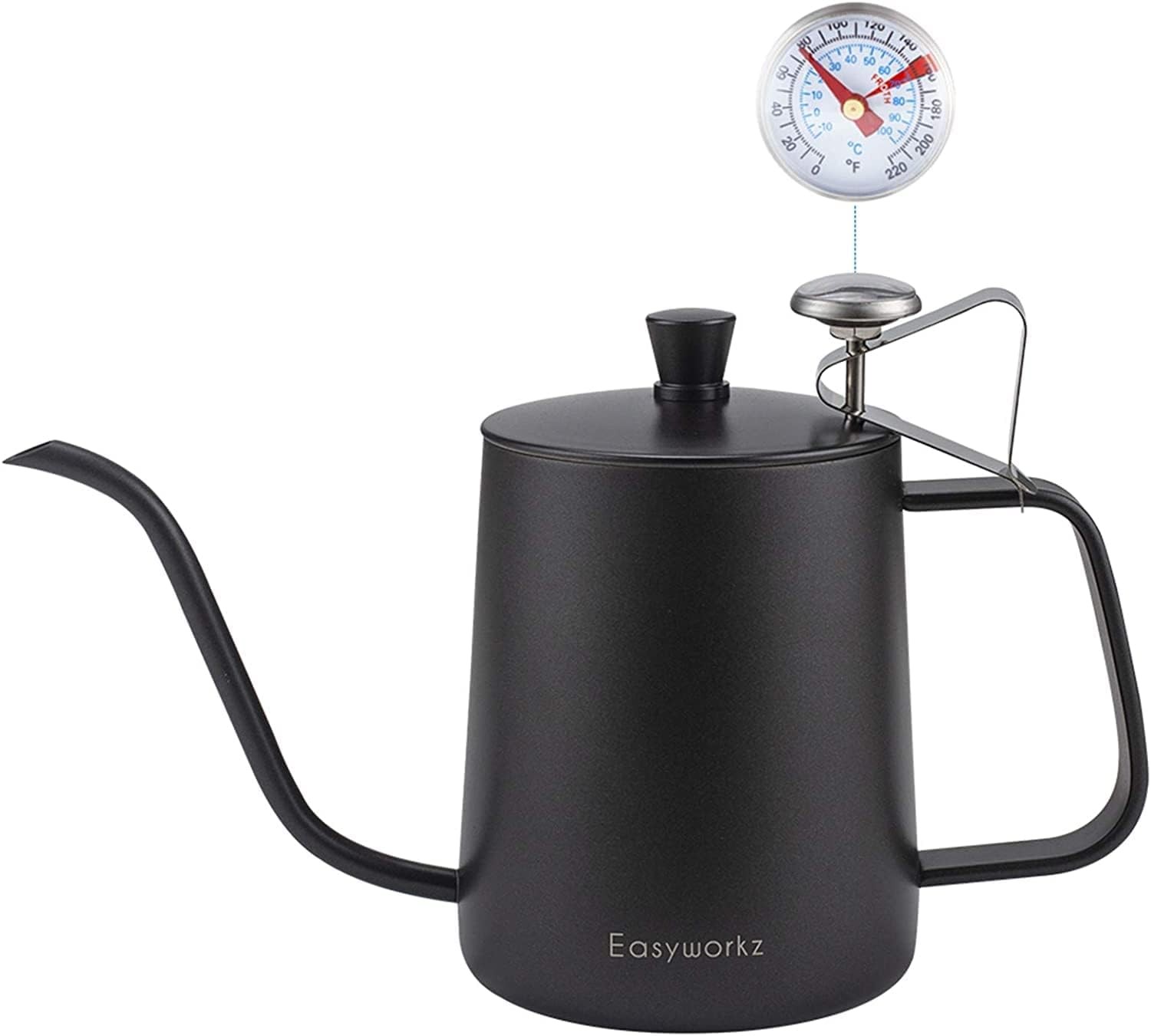 Easyworkz Gage Pour over Kettle Stainless Steel Gooseneck Long Narrow Drip Spout Coffee Tea Pot with Thermometer (600Ml)