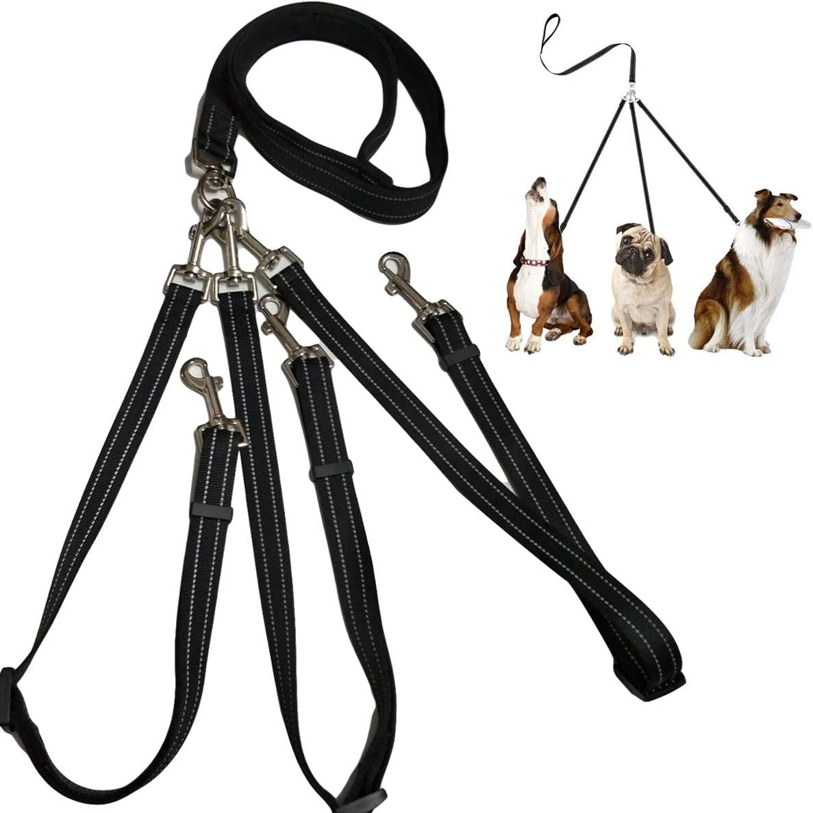 Yuehuam 3 Way Dog Leash with Padded Handle Pet Reflective Safety Lead Leash No Tangle Detachable 3 in 1 Multiple Dog Triple Coupler Nylon Traction Rope for Medium Large Dogs Training Walking