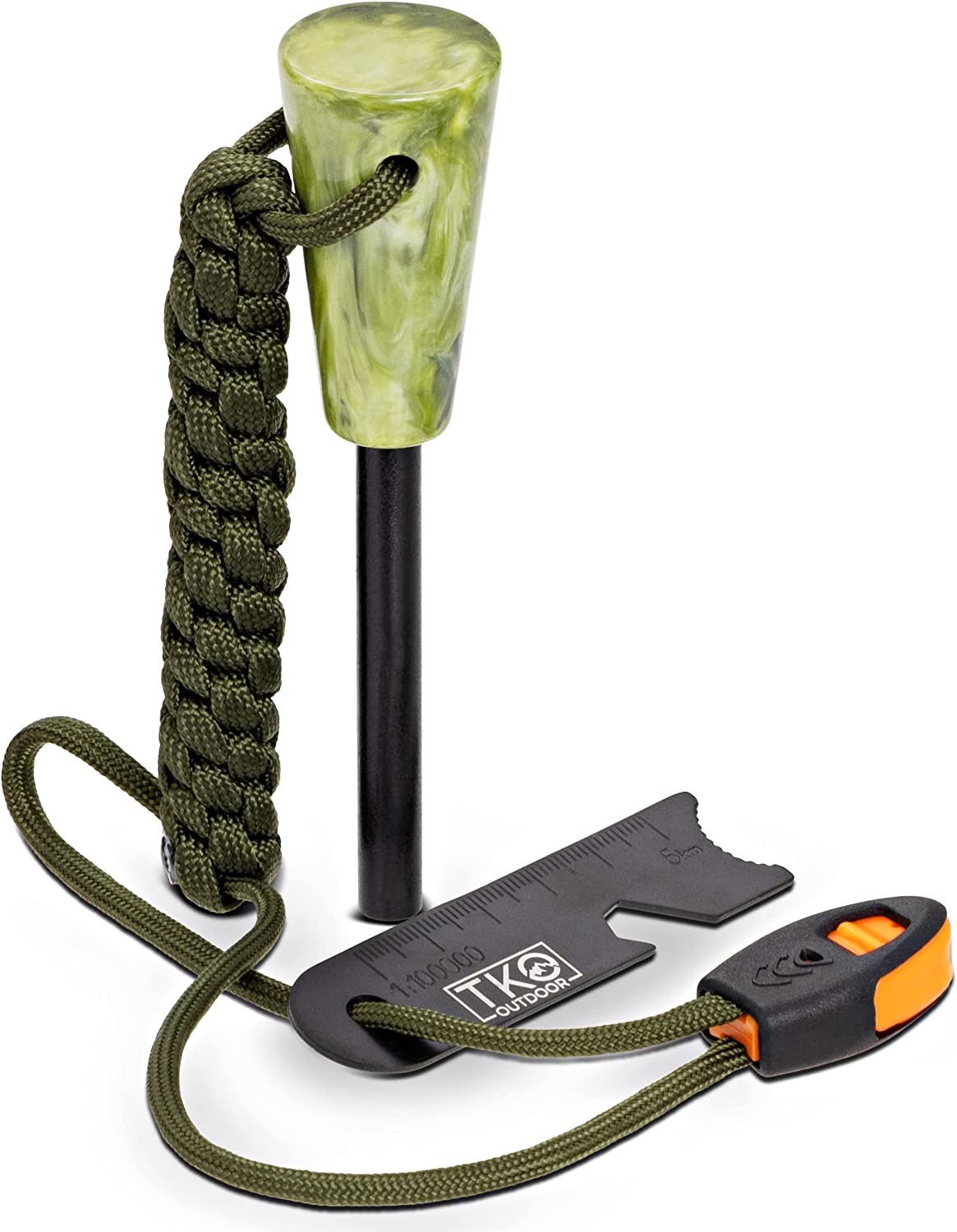 TKO Outdoor Fire Starter Kit – 8-In-1 Ferro Rod with Striker & Paracord | Extra Thick for 12,000+ Strikes | Waterproof Flint & Steel Survival Lighter for Camping Hiking Backpacking Campfire | Survival