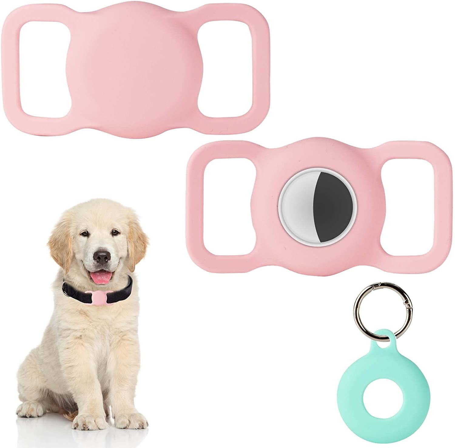 Puppydoggy 2 Pack Airtag Dog Collar Holder for Dog Cat Tracker, Silicone Airtag Case Waterproof Scratch-Resistant, Anti-Lost & 1 Pack Airtag Keychain Holder for Pet Collar, Bag, Suitcase (Large, Pink)