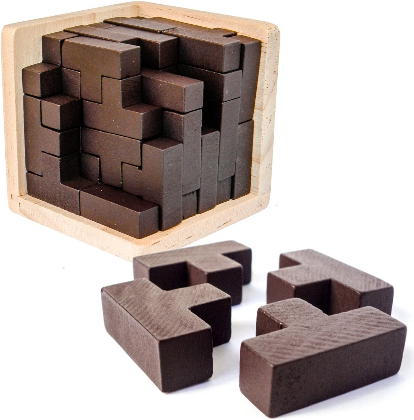 Original 3D Wooden Brain Teaser Puzzle by Sharp Brain Zone. Genius Skills Builder T-Shape Pieces. Educational Toy for Kids and Adults. Explore Creativity and Problem Solving. Gift Desk Puzzles