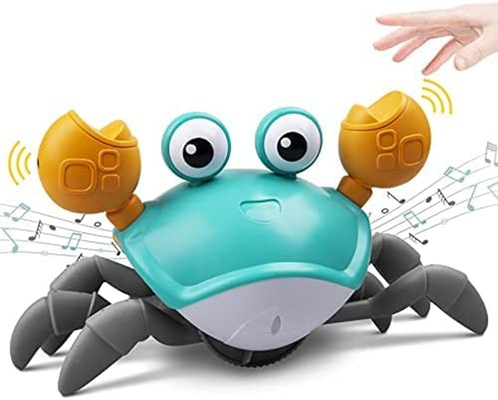 QINGBAO Crawling Crab Baby Toy with Music and LED Light up for Kids, Toddler Interactive Learning Development Toy with Automatically Avoid Obstacles, Build in Rechargeable Battery (Green)