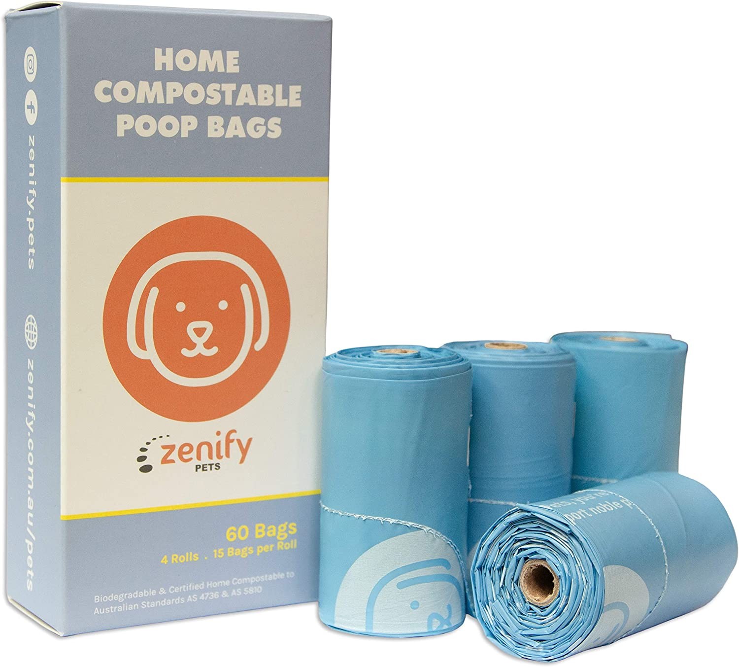 Zenify Pets Compostable Dog Poo Bags (60 Bags) – Certified Compostable Biodegradable Waste – Australian Owned