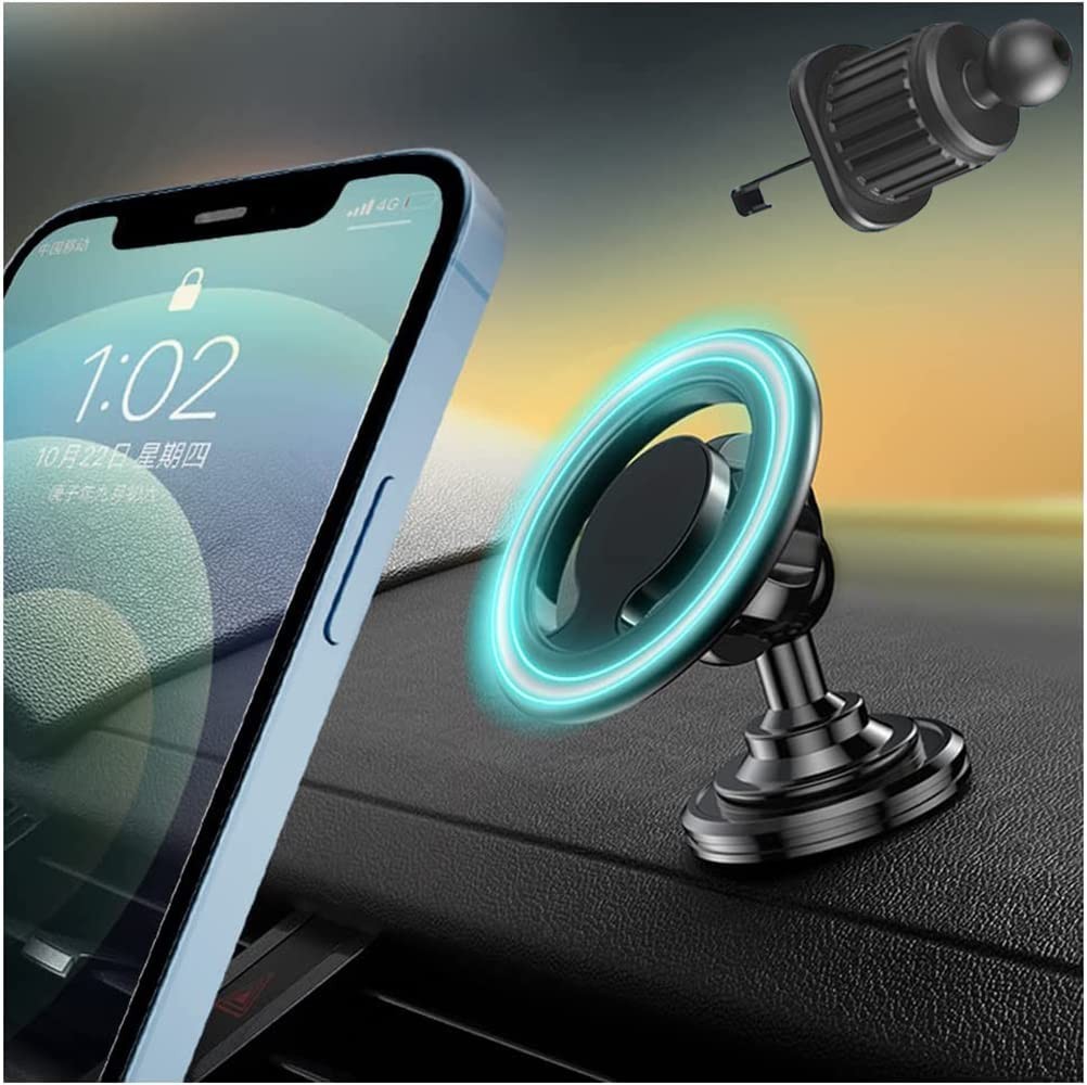 Compatible for Magsafe Car Mount, Car Dash & Car Vent Mount 2In1, 3M Adhesive Car Phone Holder 360° Rotation Strong Magnetic for Iphone 14/13/12 with Magnetic Ring for Samsung and Other Phones (Black)