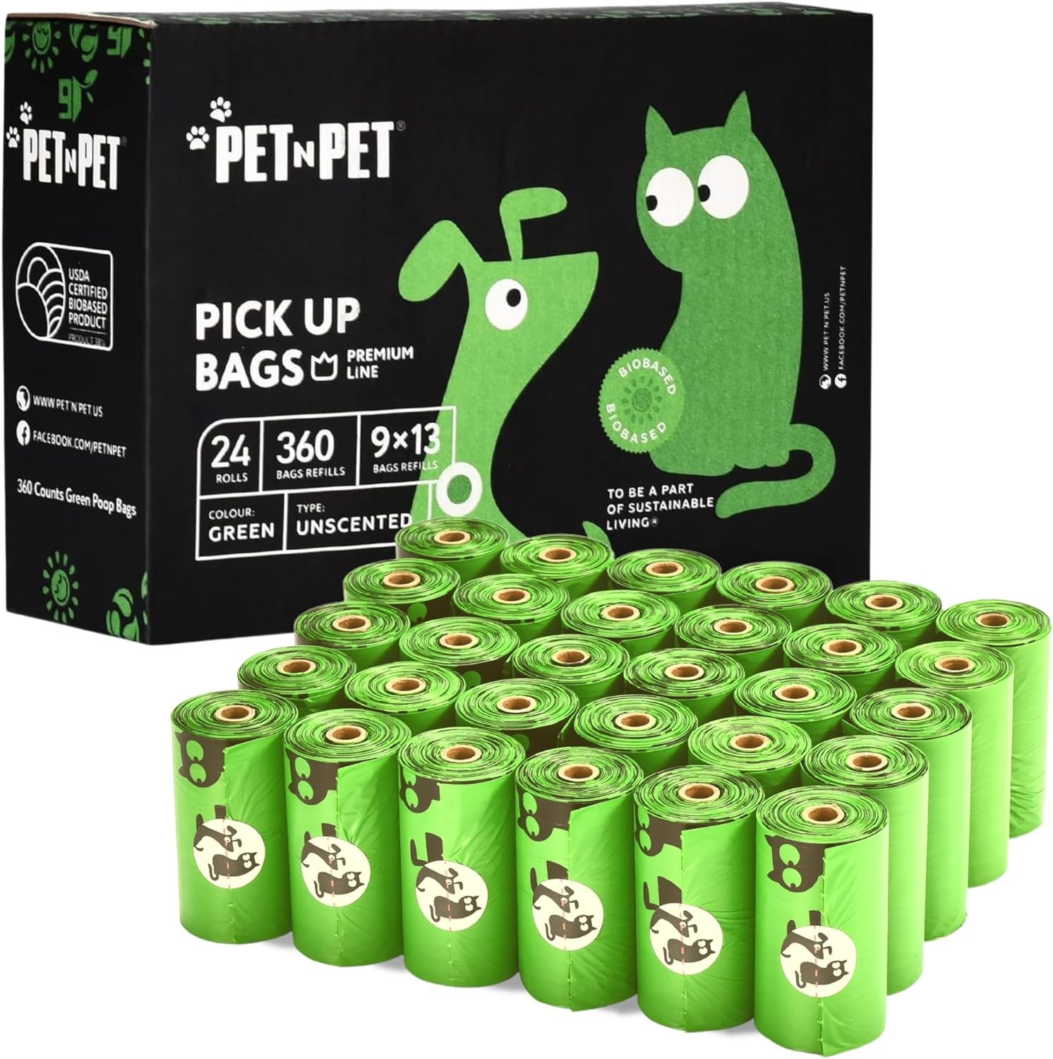 PET N PET Dog Poop Bags, USDA Certified 38% Biobased Poop Bags Green Unscented 360 Counts 24 Rolls Pet Waste Bags, Strong Extra Thick Dog Poo Bags, Dog Bags for Poop, Dog Poop Bag Rolls – 9X13 Inches