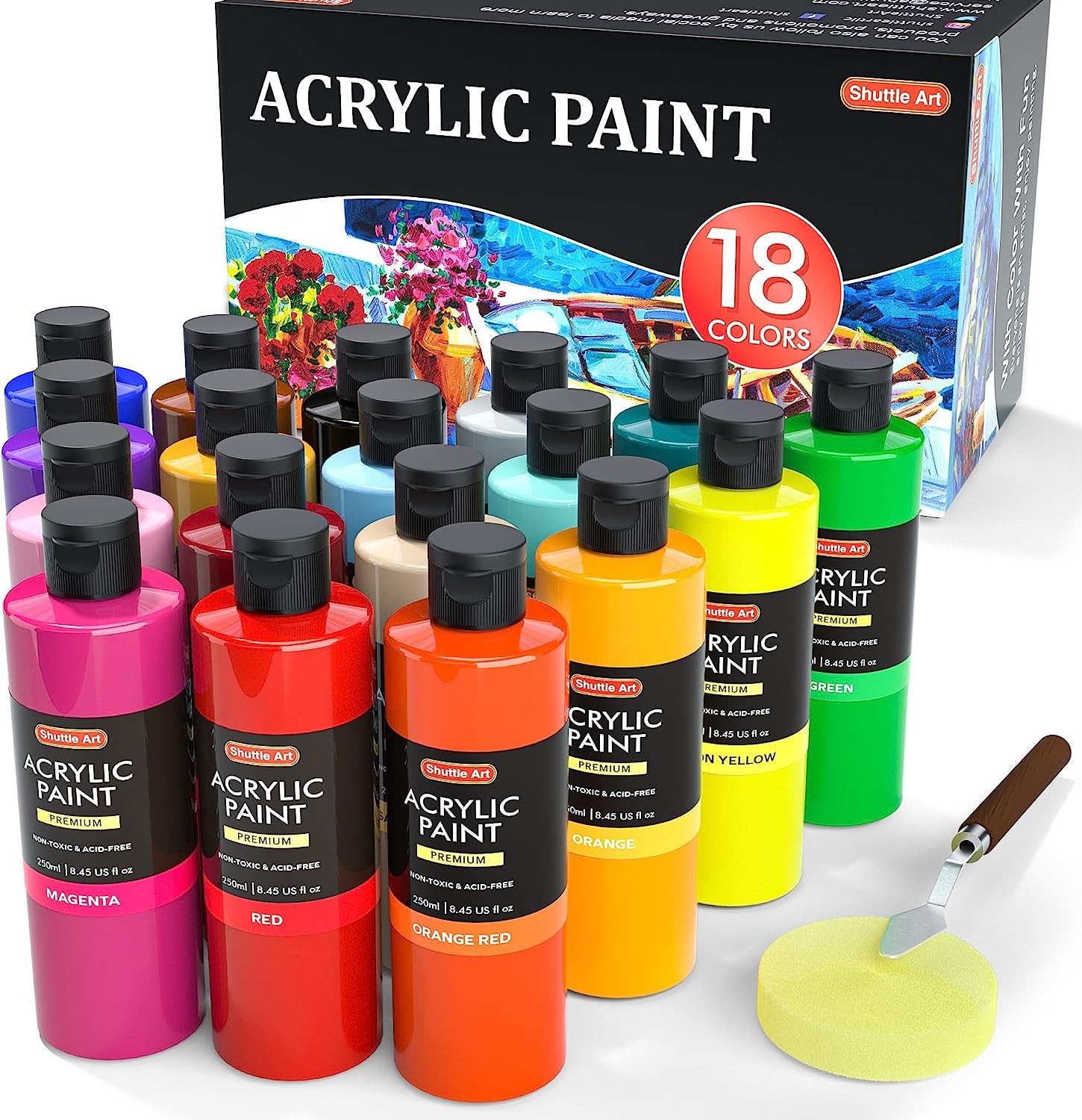 Acrylic Paint, Shuttle Art 18 Colours Acrylic Paint Bottle Set (240Ml/8.12Oz), Rich Pigmented Acrylic Paints, Bulk Painting Supplies for Artists, Beginners and Kids on Rocks Crafts Canvas Wood Ceramic