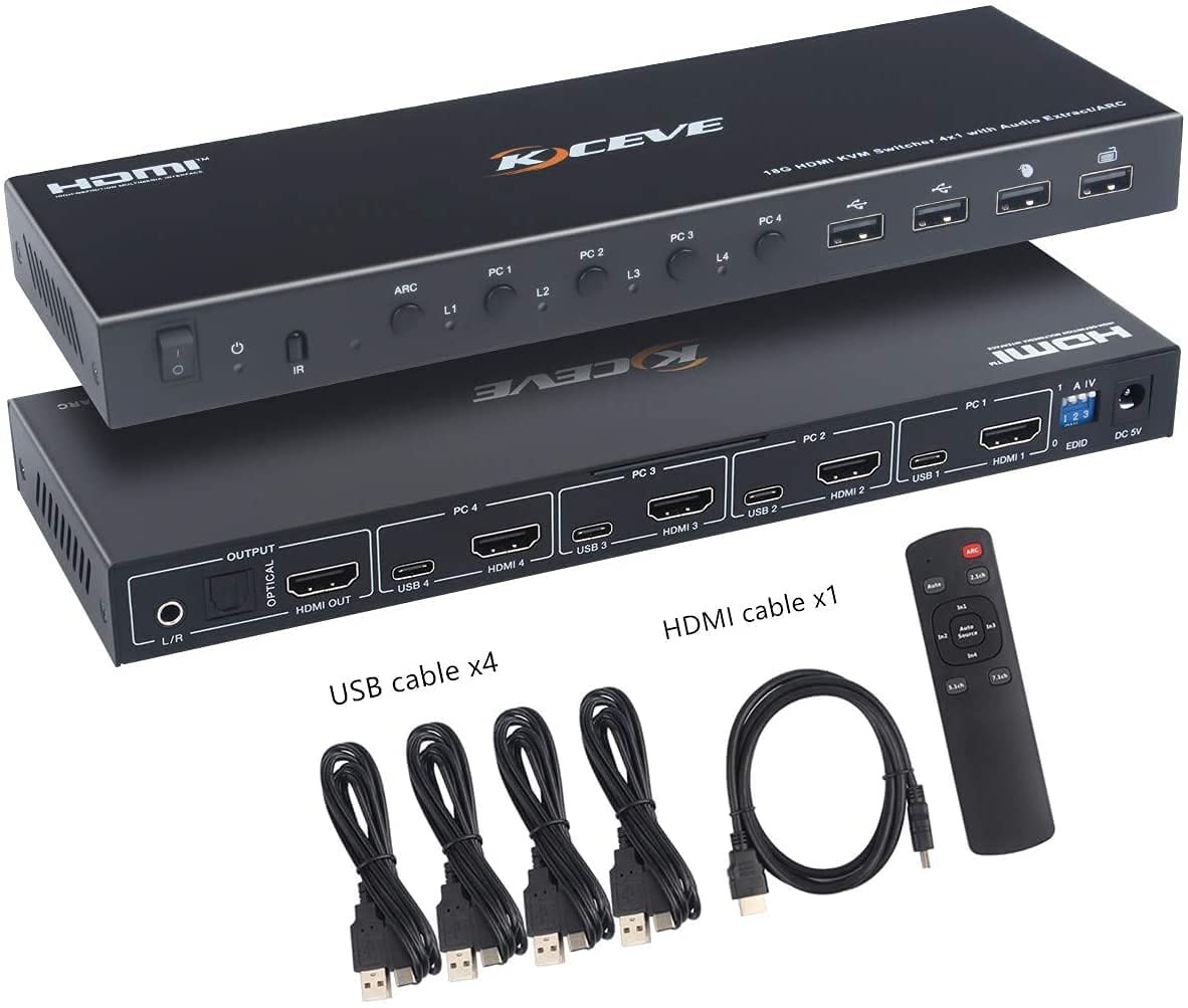 KVM Switch HDMI 4 Port Box, USB HDMI KVM Switcher UHD 4K@60Hz, 4 Computers Share 4 USB 2.0 Devices and One HD Monitor, with Optical Audio Output and ARC Function, Hotkey and Remote Switch Way