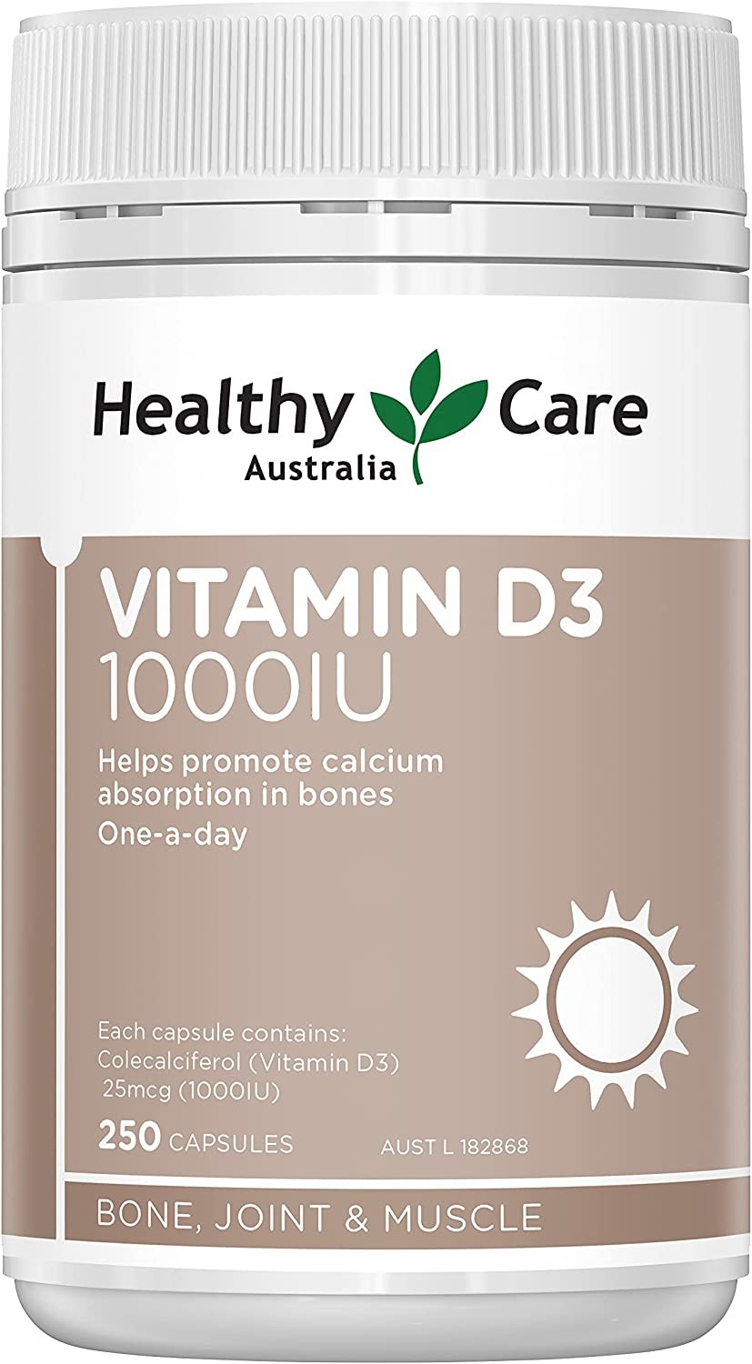 Healthy Care Vitamin D3 1000IU – 250 Capsules, Brown | Promotes Calcium Absorption in Bones