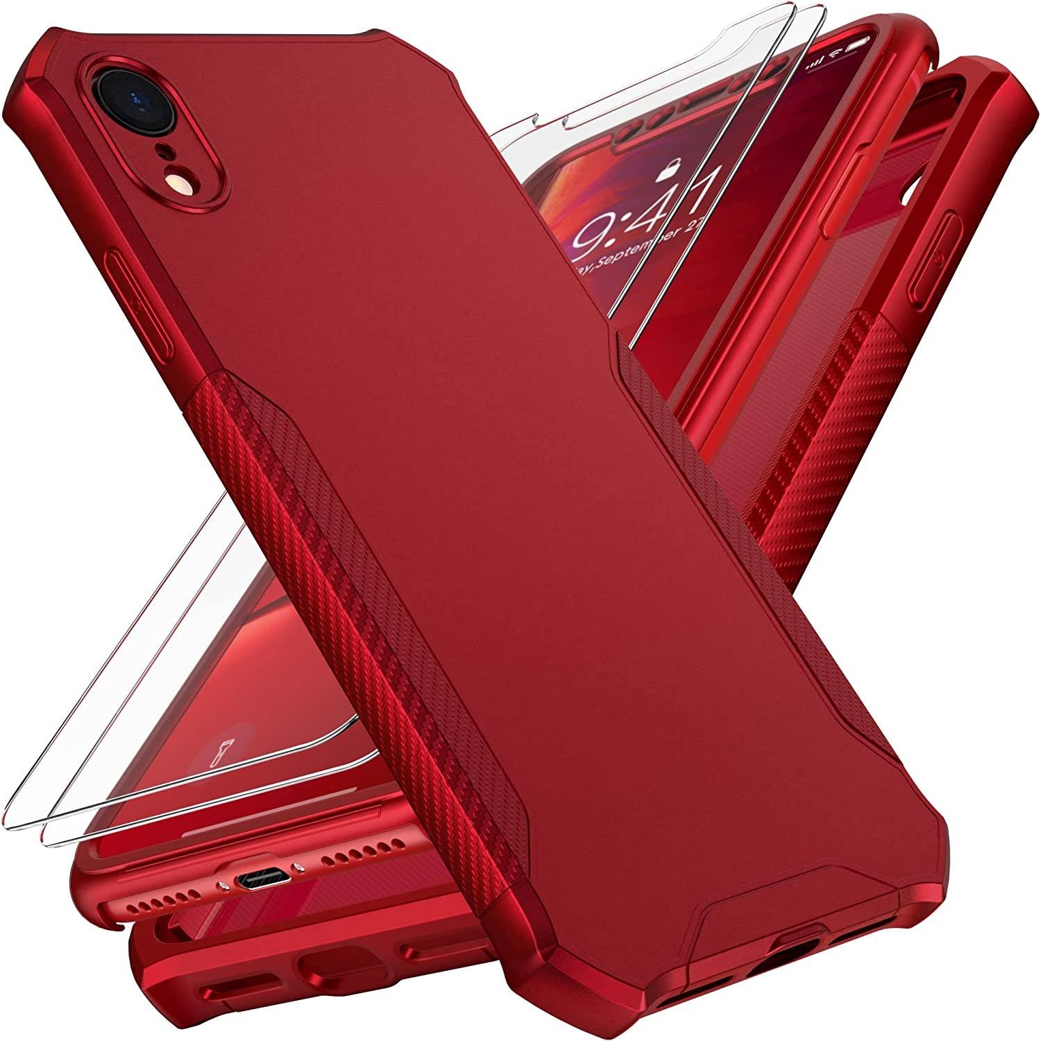 Oretech 360°Protective for Iphone XR Case and [2 X 9H Glass Screen Protectors] [Full Body Shockproof] Hard PC Front with Silicone TPU Bumper Non-Slip Hybrid Cover for Iphone XR Phone Case 2018 – Red