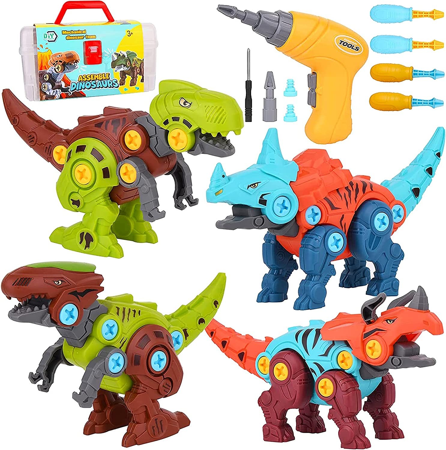 Take Apart Dinosaur Toys with Electric Drill for Kids, 4 Pack Dinosaur Building Toy Set with Tools DIY Construction Play Kit STEM Educational & Science Kits & Toys Boys Girls Age 3 4 5 6 7